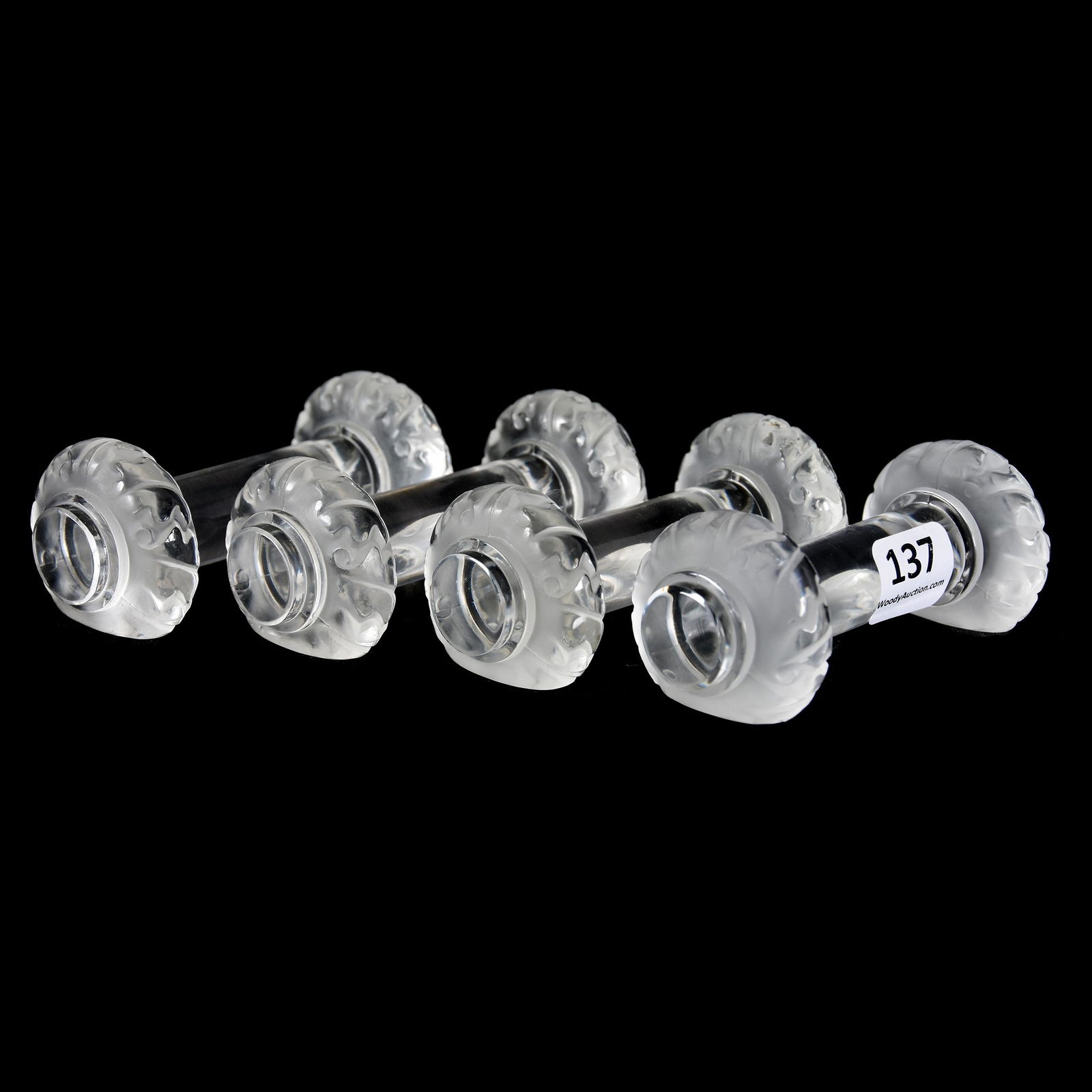 (4) Knife Rests Signed Lalique France: (4) Knife Rests Signed Lalique France, 3.5", St. Hubert Pattern, from the estate of Ronald W. Prielipp PHD, Salina, KS. Ron was a professor of mathematics at Bethany College, Lindsborg, KS. Ron and hi