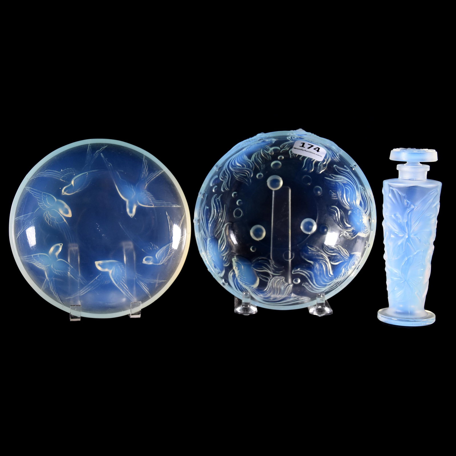 (3) Sabino Glass Items, Marked: (3) Sabino Glass Items, Marked, (1) 4.5" Perfume Bottle, Floral Mold, (1) 4.75" Bowl, Goldfish Design, (1) 4.5" Dish, Swallow Design, from the estate of Ronald W. Prielipp PHD, Salina, KS. Ron was a p