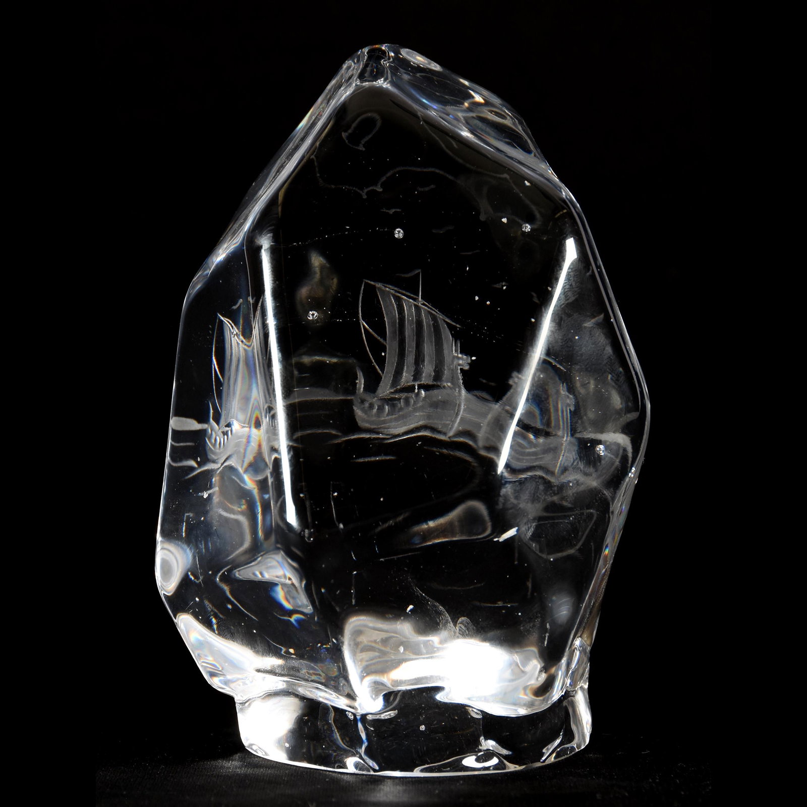 Paperweight, Iceberg Design Signed Reijmyre: Paperweight, Iceberg Design Signed Reijmyre, 5.25" x 3.5", Swedish, Clear Crystal, Engraved Viking Ship Scene - Dated 1955, from the estate of Ronald W. Prielipp PHD, Salina, KS. Ron was a professor o