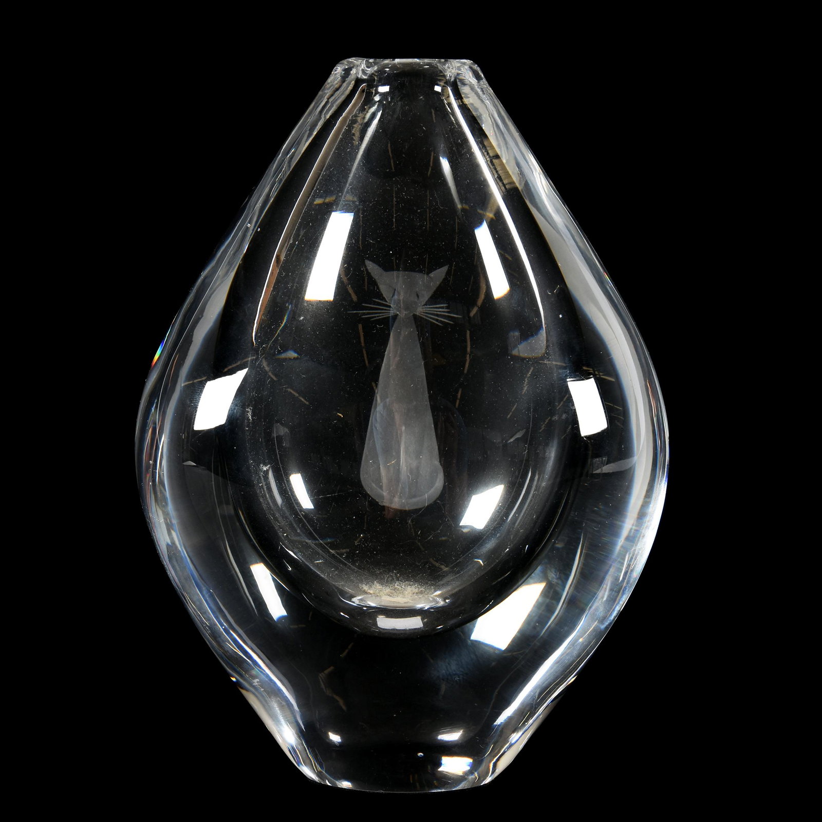 Vase Signed Orrefors, Engraved Cat Design: Vase Signed Orrefors, Engraved Cat Design, 6.25" x 4.5", Clear Crystal #3684-111, from the estate of Ronald W. Prielipp PHD, Salina, KS. Ron was a professor of mathematics at Bethany College, Lindsbor