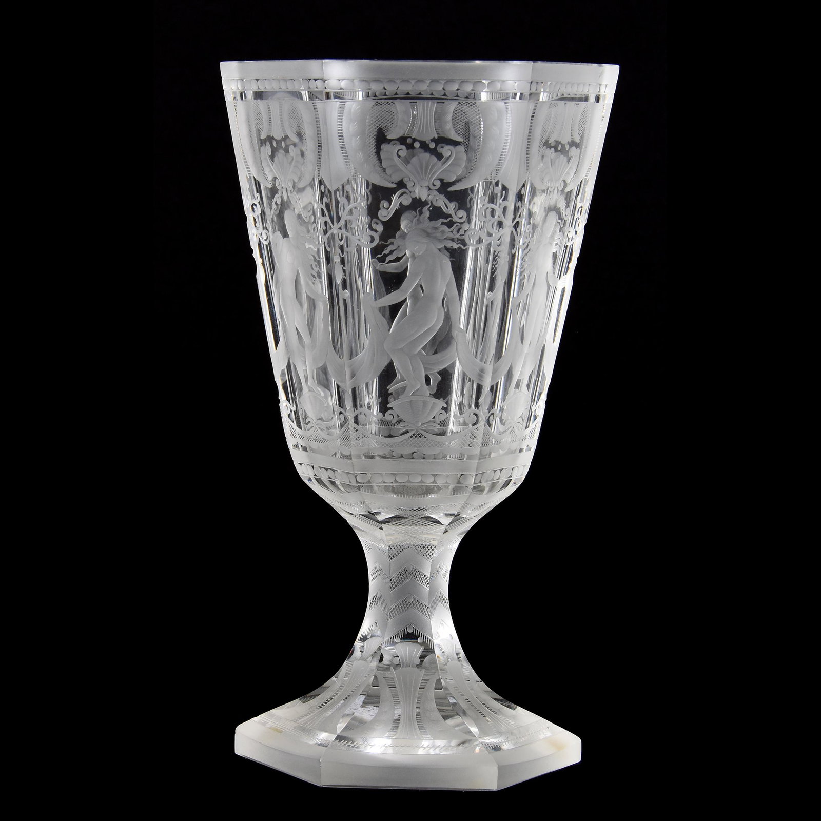 Chalice, Six-Sided, Signed Orrefors 154.D8.RP: Chalice, Six-Sided, Signed Orrefors 154.D8.RP, 8.75" x 5", Finely Engraved Panels of Aphrodite, Excellent Quality, from the estate of Ronald W. Prielipp PHD, Salina, KS. Ron was a professor of mathema