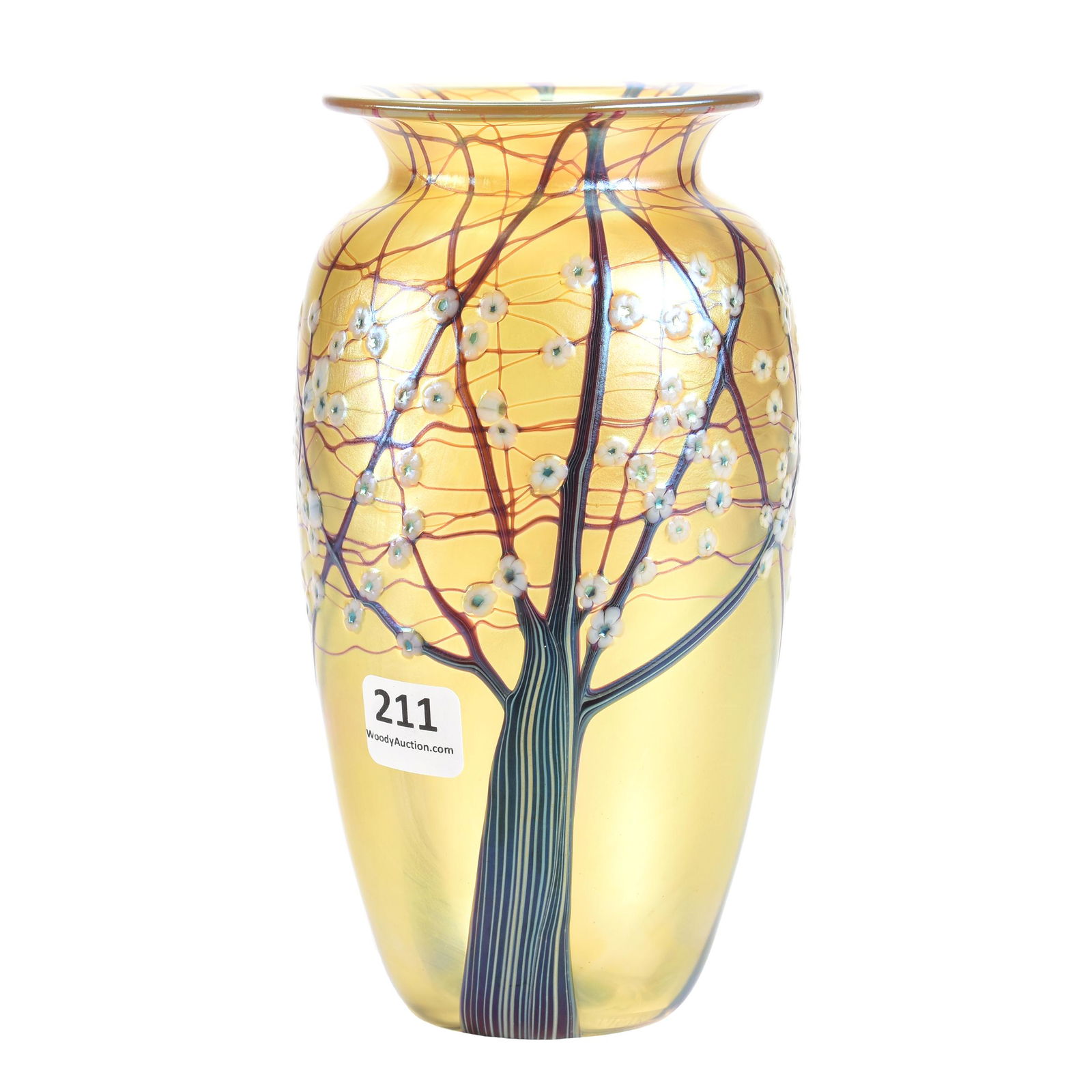 Contemporary Art Glass Vase Marked Orient & Flume: Contemporary Art Glass Vase Signed Orient and Flume, 7" x 3.75", #P0199I74014GIR, Gold Iridescent Body with Tree and Blossom Decor, Original Label, from the estate of Ronald W. Prielipp PHD, Salina, K