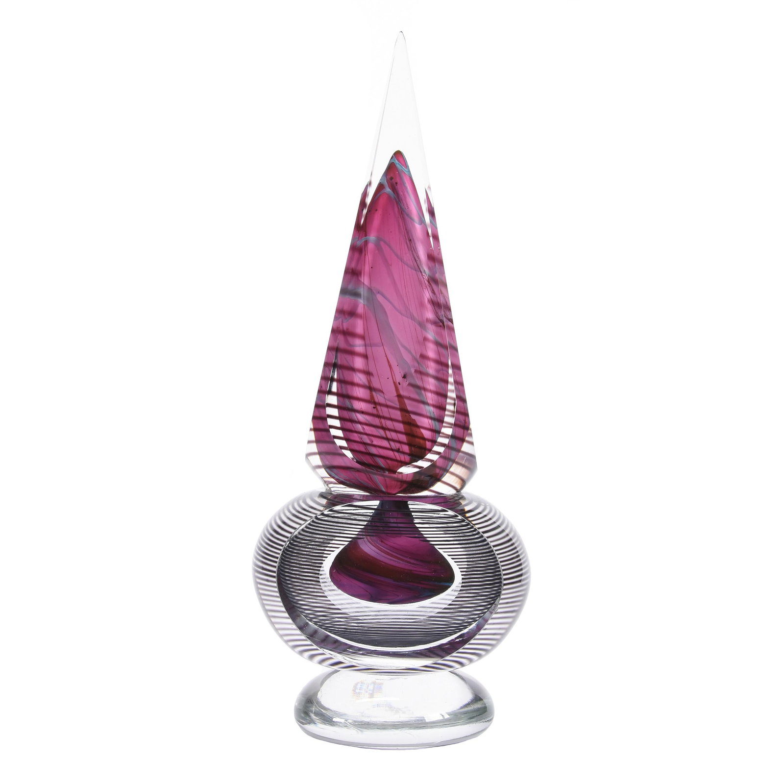 Paperweight Sculpture, Contemporary Art Glass: Paperweight Sculpture, Contemporary Art Glass, 13.75" x 5.5", Dated 1993, Artist Mark Not Clearly Discernible, Not Recognized, Clear with Pink Interior and Black Horizontal Line Design, Pyramid Shape 