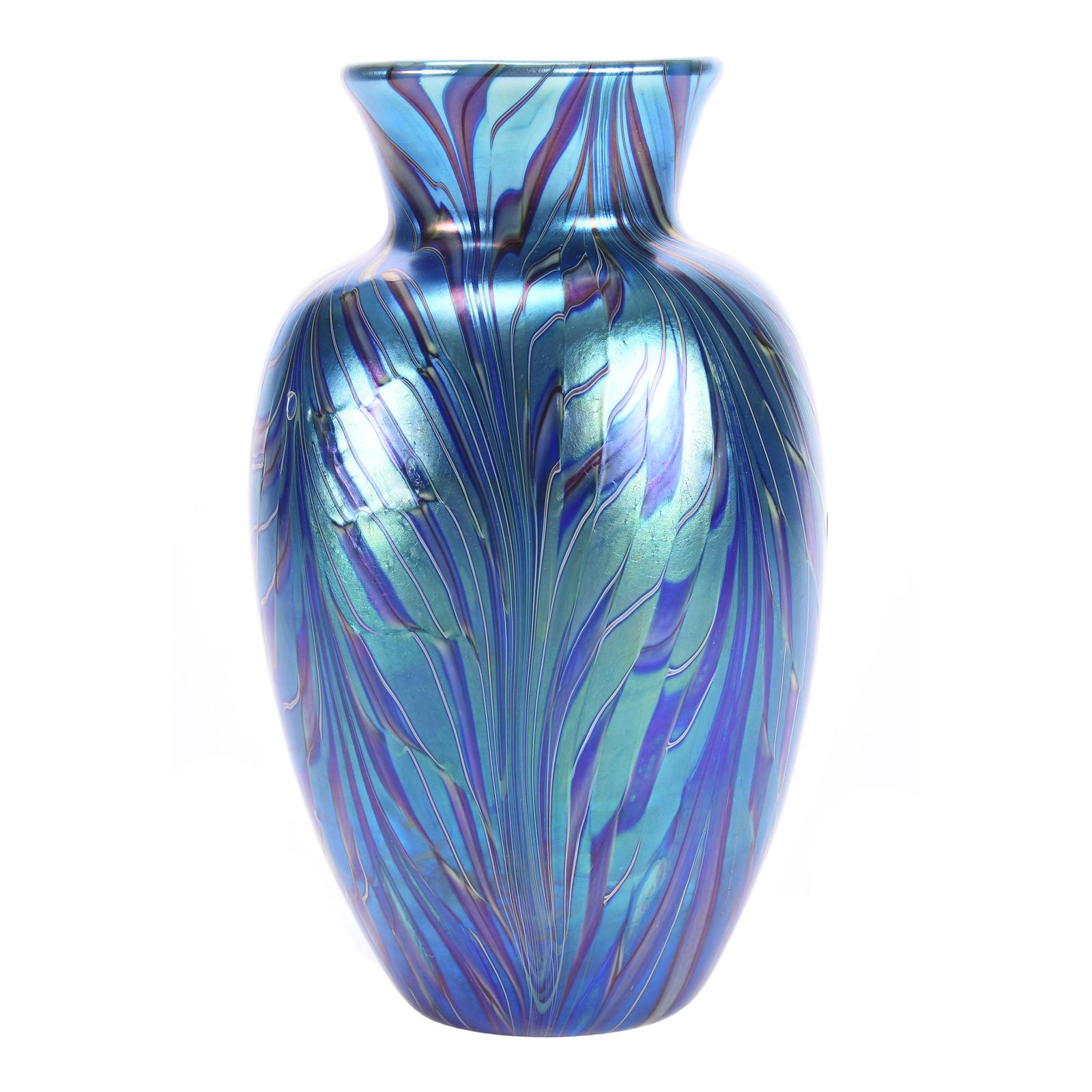 Contemporary Art Glass Vase Marked Orient & Flume: Contemporary Art Glass Vase Marked Orient & Flume, 7" x 4", Dated 1977, "F58", Blue Iridescent with Pulled Feather Design, from the estate of Ronald W. Prielipp PHD, Salina, KS. Ron was a professor of