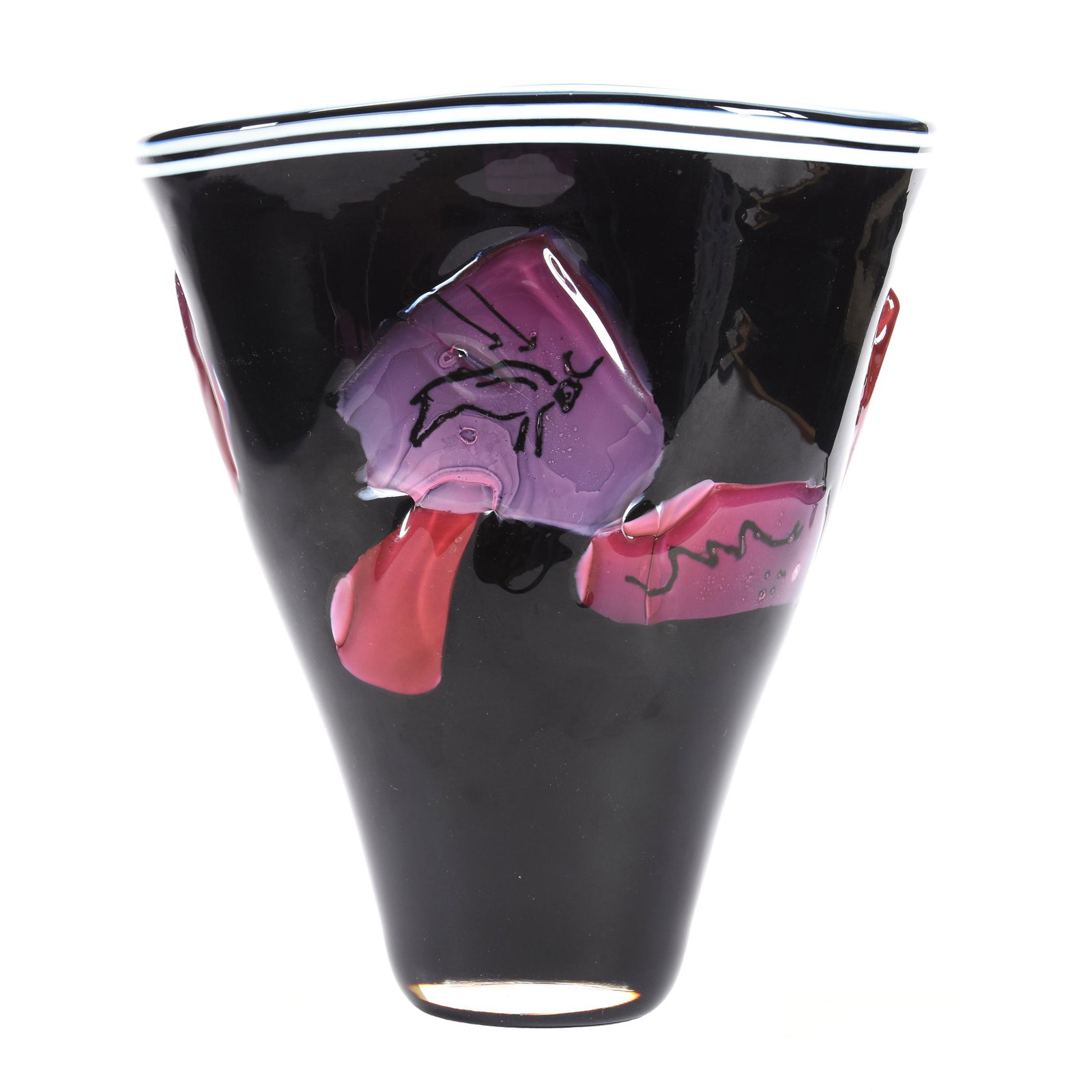 Contemporary Art Glass Vase Marked William R. Rector: Contemporary Art Glass Vase Marked William R. Rector, 9.5" x 8.5", Dated 1991, Freeform, Dark Amethyst with Inset Pink and Lavender Prunts which Feature Hieroglyphics, Total Weight of 5 lb., 10 oz., f