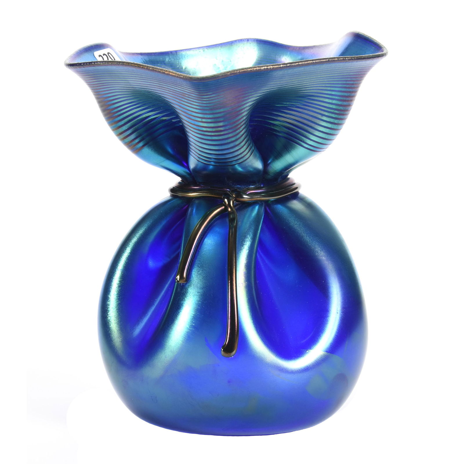 Contemporary Art Glass Vase Marked Orient & Flume: Contemporary Art Glass Vase Marked "Orient & Flume", 8.5" x 7.25", Artist Signed Smallhouse, #060SMYS135BIR", Bag Shaped Iridescent Blue with Threaded Rim, Very Nice Quality, from the estate of Ronald
