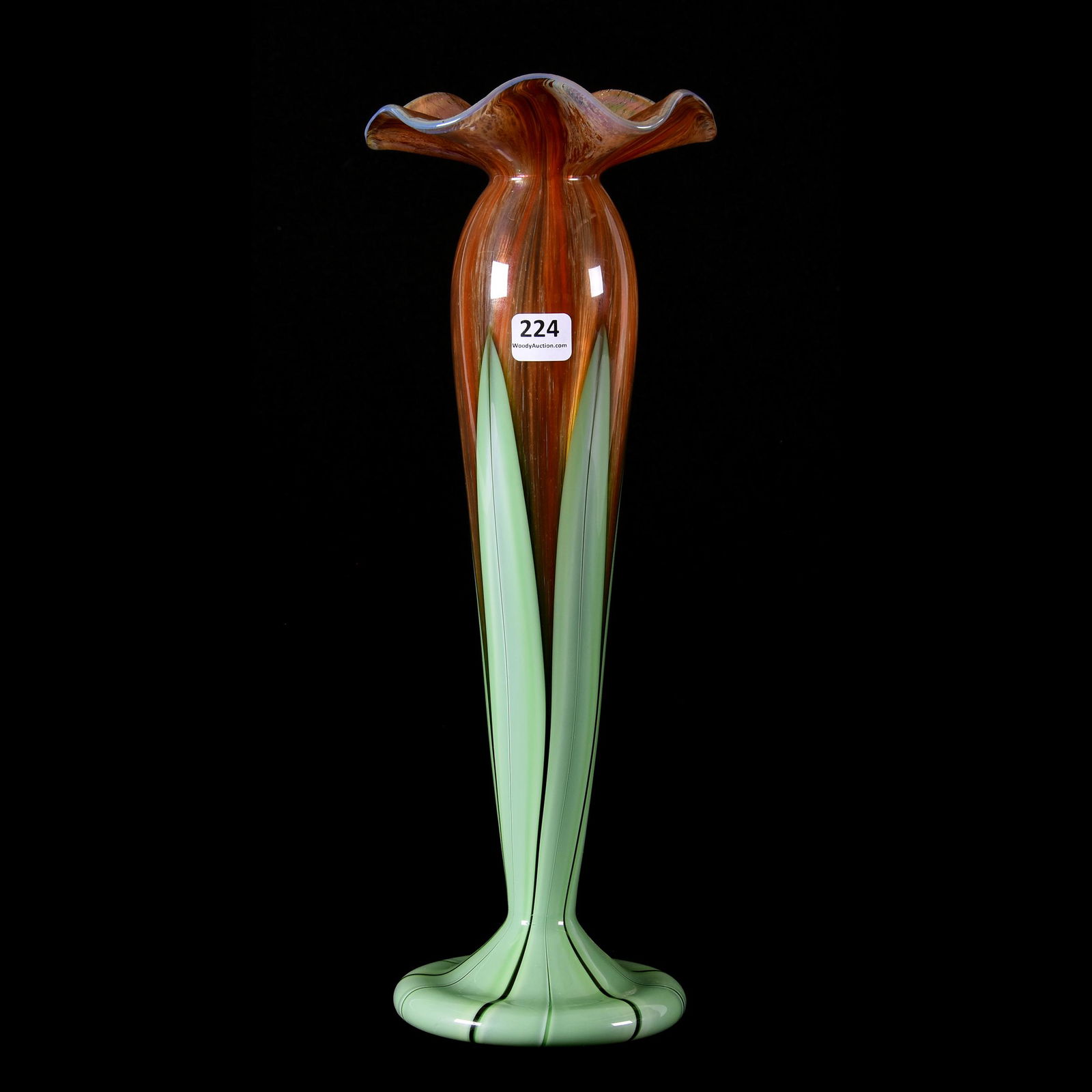 Contemporary Art Glass Vase By Orient & Flume: Contemporary Art Glass Vase by Orient & Flume, 14" x 5", Artist Signed Smallhouse, #1650R70F7055, Flower Form with Iridescent Orange Background and Green Pulled Feather Design, from the estate of Rona