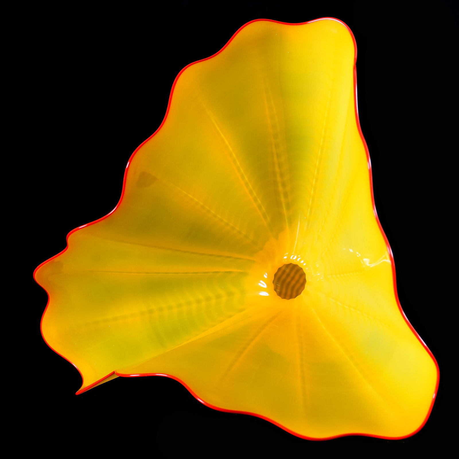 Contemporary Free Form Art Glass By Dale Chihuly: Contemporary Free Form Art Glass by Dale Chihuly, 10" x 10" x 11.5", Hand Blown, One Piece, Yellow Persian with Red Rim Sea Form Sculpture, Signed "PP96", from the estate of Ronald W. Prielipp PHD, Sa