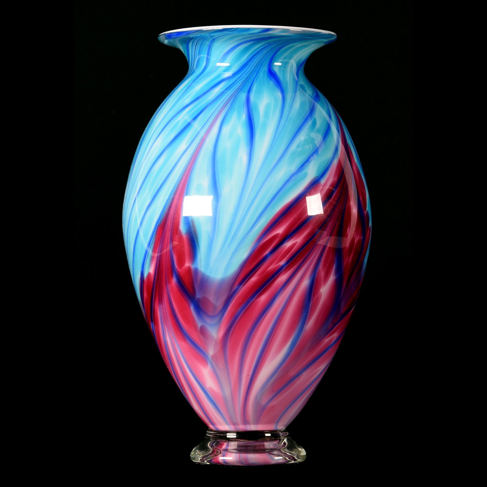 Contemporary Art Glass Vase By Paradise Studios: Contemporary Art Glass Vase by Paradise Studios, 12.25" x 7", Dated 2002, Limited Edition, #11, Red, White and Blue Pulled Feather Design, James Moody, from the estate of Ronald W. Prielipp PHD, Salin