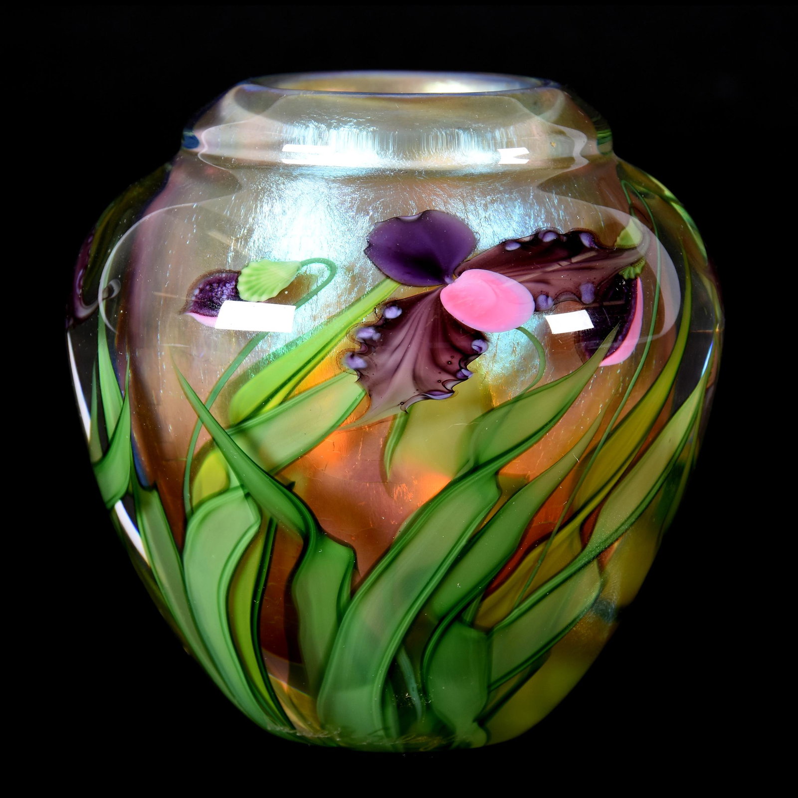 Contemporary Art Glass Paperweight Vase: Contemporary Art Glass Paperweight Vase, 4" x 4", Daniel Salazar, Lundberg Studios, Dated 1997, #070930, Gold Iridescent Interior, Iris Design, Very Nice Quality, from the estate of Ronald W. Prielipp