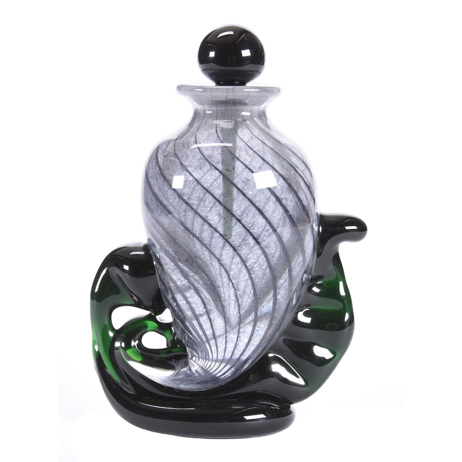 Contemporary Art Glass Perfume, Orient & Flume: Contemporary Art Glass Perfume, Orient & Flume, 6" x 4", Dated 1989, Artist Signed Smallhouse, Gray and Lavender Swirl Bottle with Emerald Green Figural Design and Matching Emerald Green Stopper, Nice