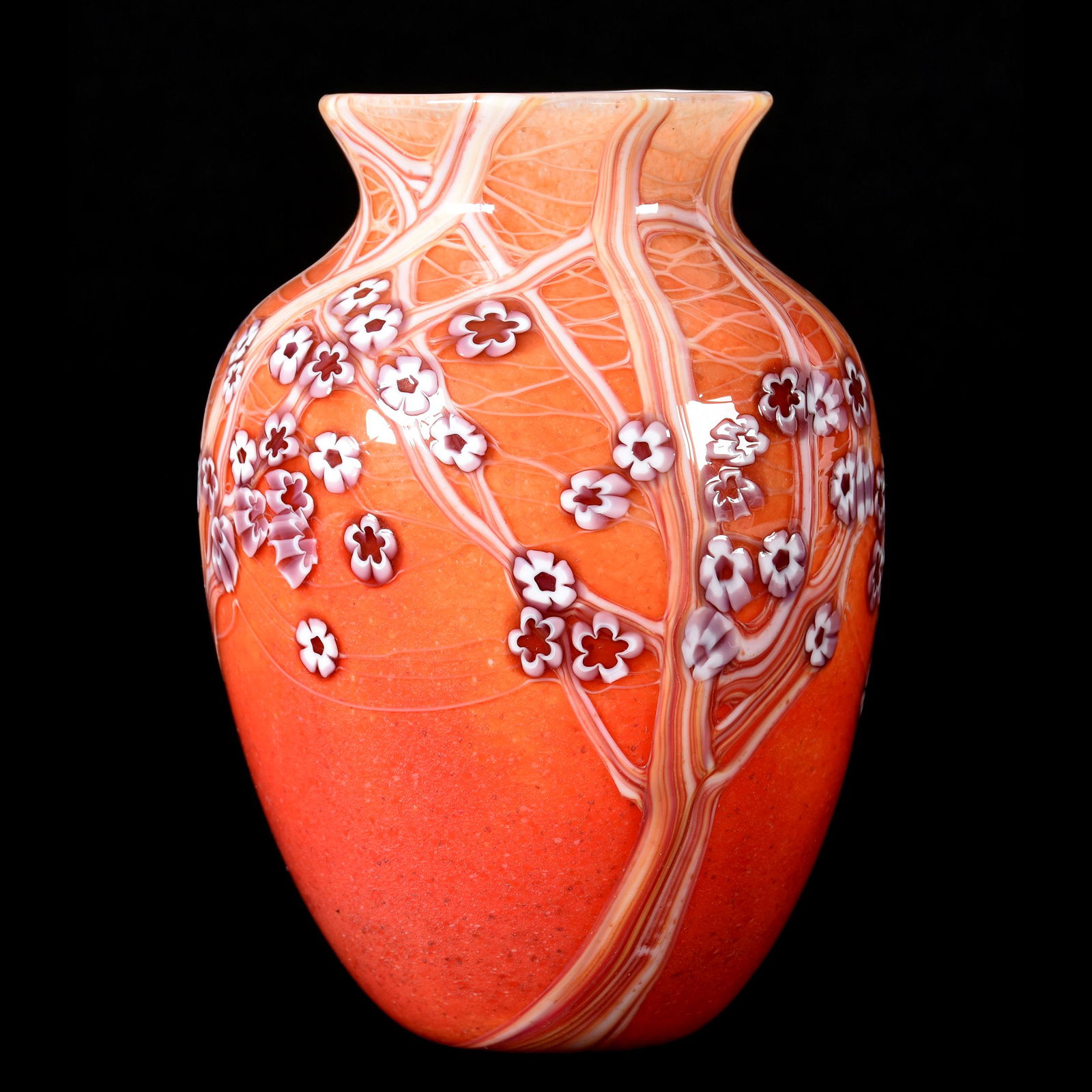 Contemporary Art Glass Vase, Orient & Flume: Contemporary Art Glass Vase, Orient & Flume, 7.25" x 5", Artist Signed Smallhouse, #H0934R8, Orange Background with White Tree and Blossom Design, from the estate of Ronald W. Prielipp PHD, Salina, KS