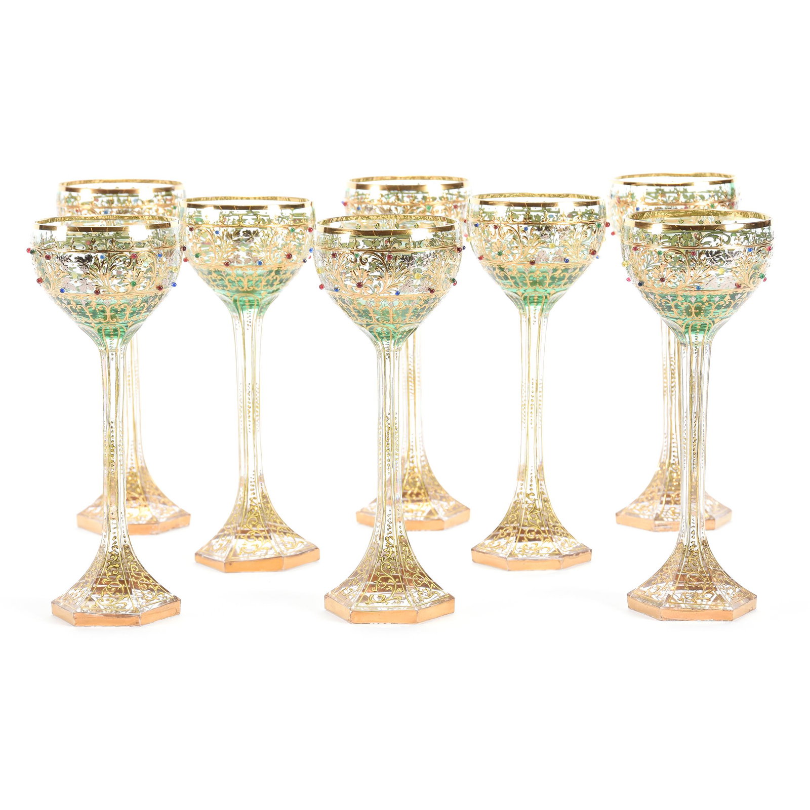 (8) Wine Stems Attributed To Moser: (8) Wine Stems Attributed to Moser, 7.75", Green Shading to Clear with Extensive Gold Enamel Decor and Colored Jewel Highlights, Nice Set, some Jewels Missing, But Not Noticeable, from the estate of R