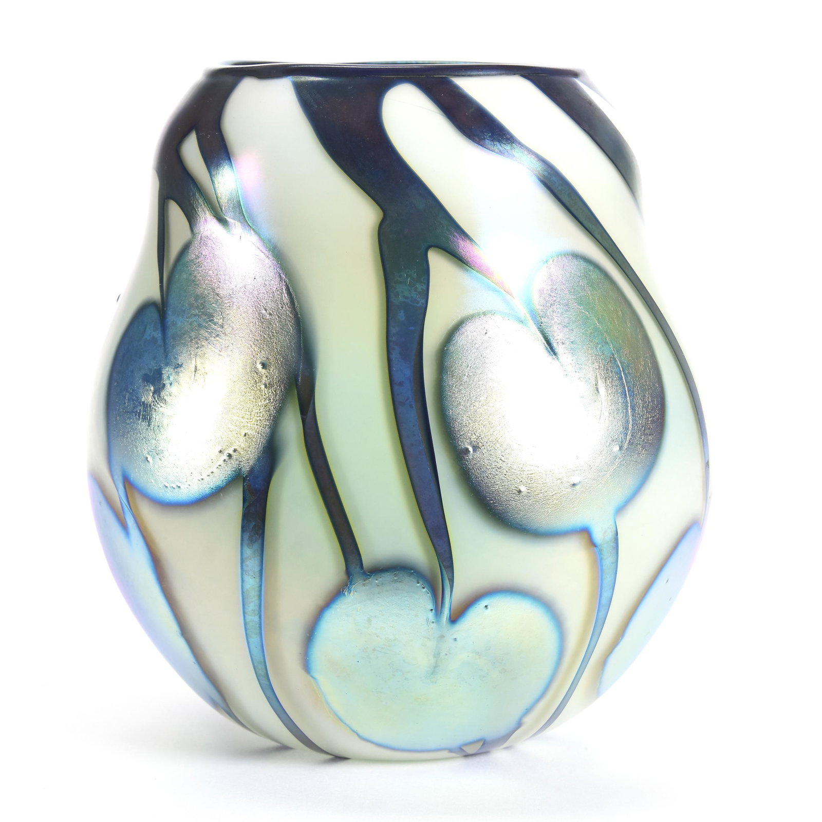 Contemporary Art Glass Vase Signed Charles Lotton: Contemporary Art Glass Vase Signed Charles Lotton, 6.5" x 6", Dated 1988, Signed Twice - Charles Lotton & Date on Each Side of Base, White Background with Gold Iridescent Heart and Vine Decor, Green I