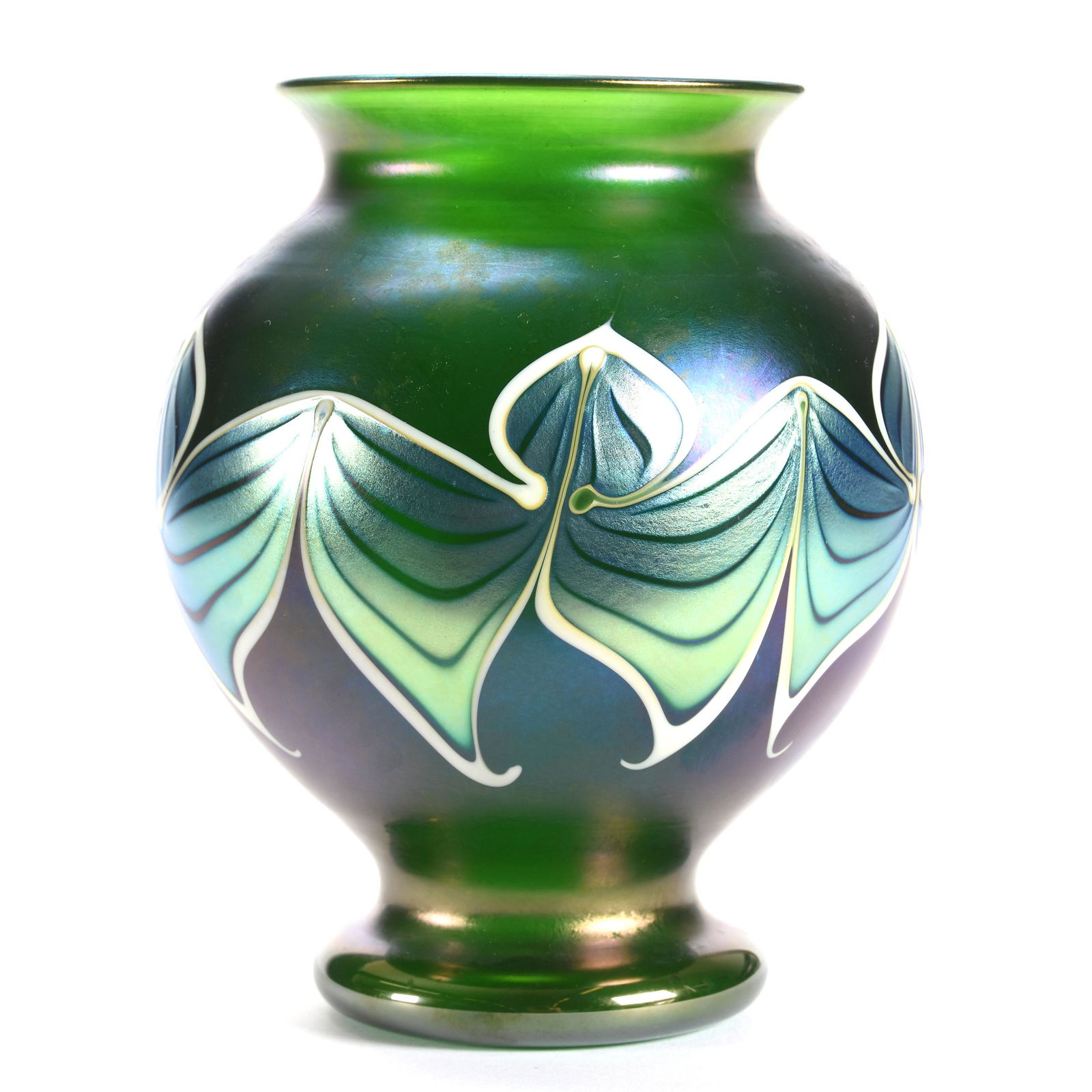 Contemporary Art Glass Vase Marked Orient & Flume: Contemporary Art Glass Vase Signed Orient and Flume, 7" x 5.5", Dated 1980, Iridescent Green with Butterfly Floral Design, from the estate of Ronald W. Prielipp PHD, Salina, KS. Ron was a professor of
