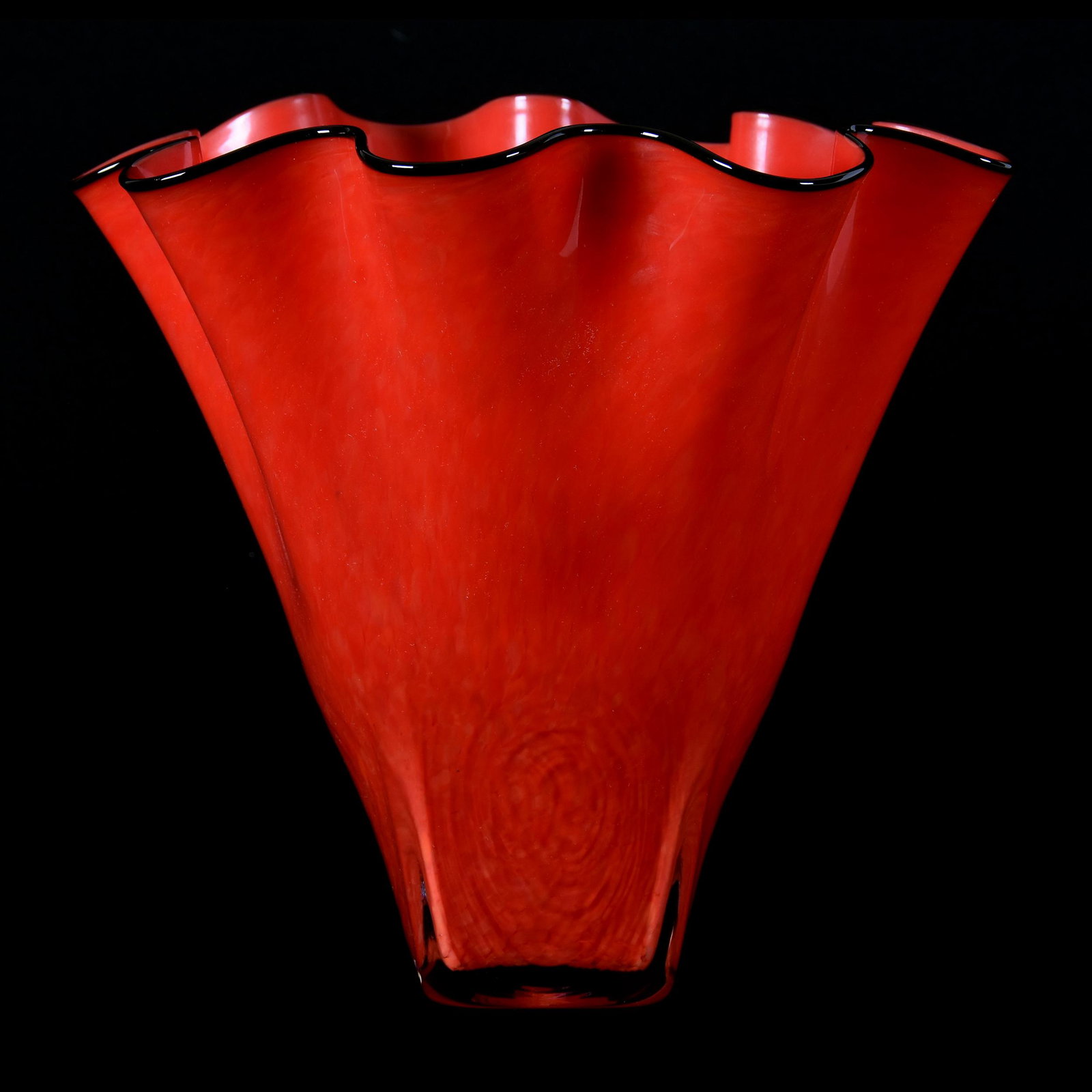 Contemporary Art Glass Handkerchief Vase: Contemporary Art Glass Handkerchief Vase, 10.75" x 12", Dated 2000, Red Cased with Ruffled Rim & Black Applied Trim, Unknown Maker, Unable to Read Signature, from the estate of Ronald W. Prielipp PHD,