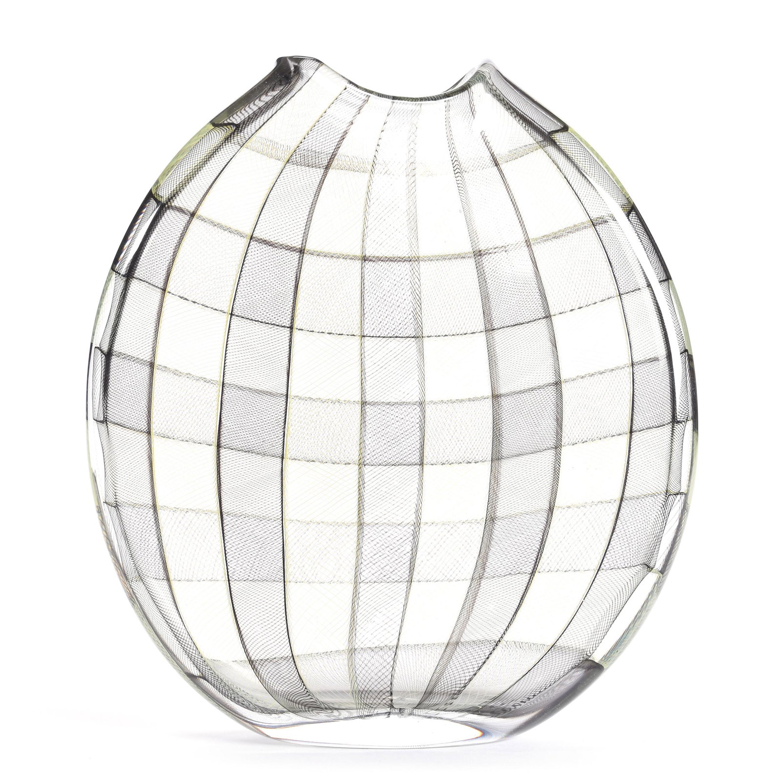 Contemporary Art Glass Vase, Kurt Walrath: Contemporary Art Glass Vase, Kurt Walrath, 7.5" x 7", Dated 2006, Unique Flat Twisted Vase with Green and Black Lattice Ribbon Design, from the estate of Ronald W. Prielipp PHD, Salina, KS. Ron was a 
