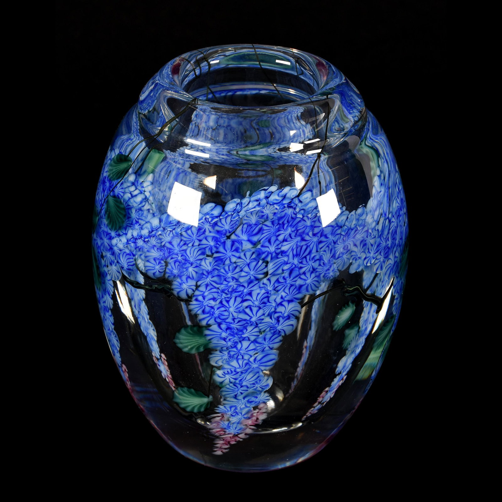 Contemporary Paperweight Vase, Lundberg Studios: Contemporary Paperweight Vase, Lundberg Studios, 5.5" x 4.5", Dated 1988, #051274, Beautiful Wisteria Design, Artist Signed Steven Lundberg & Daniel Salazar, from the estate of Ronald W. Prielipp PHD,