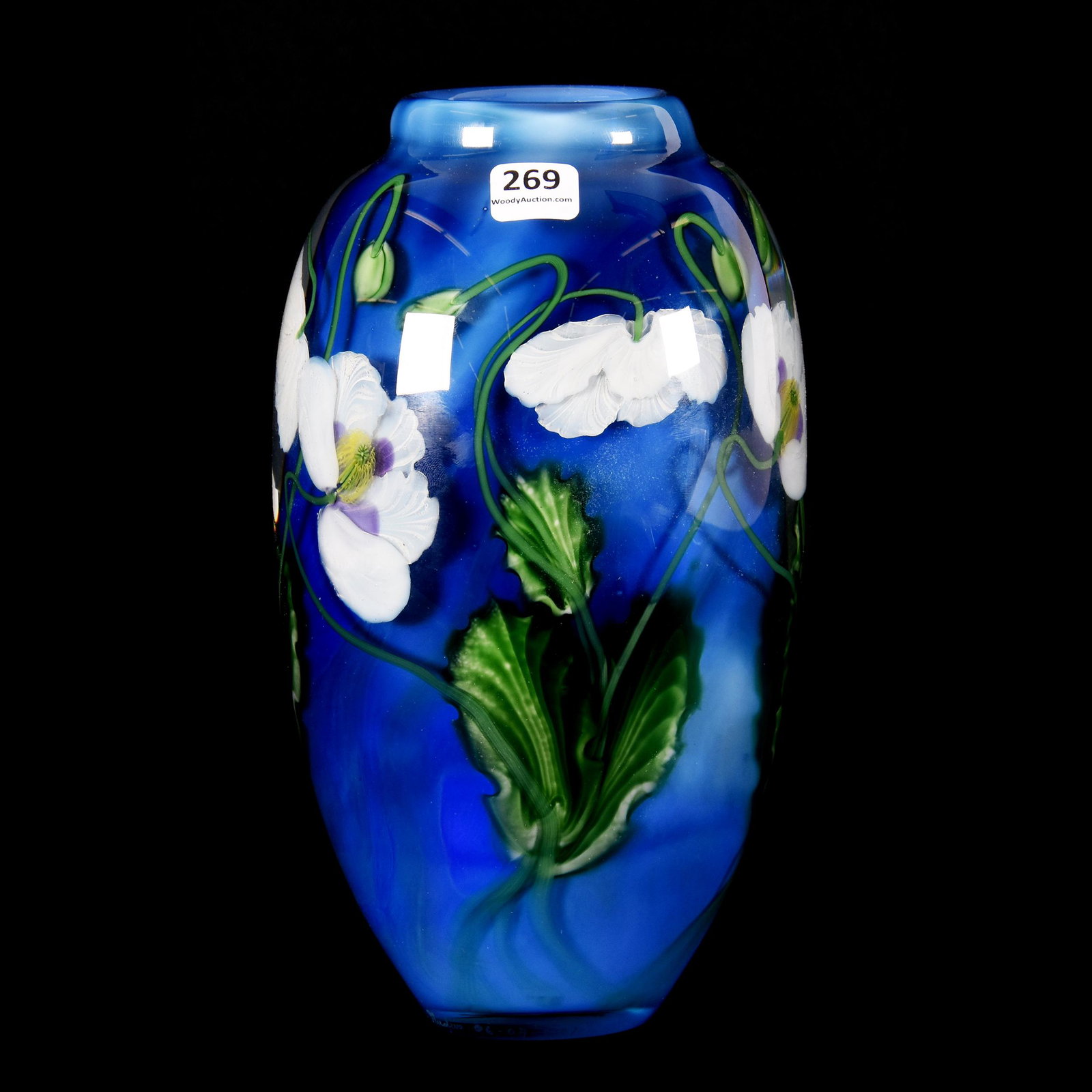 Contemporary Paperweight Vase, Lundberg Studios: Contemporary Paperweight Vase, Lundberg Studios, 9.75" x 5.5", Dated 2001, Artist Signed Daniel Salazar, Beautiful Blue Background with White Poppy and Green Leaf Decor, Extra Heavy Blank Weighs 9 lb.