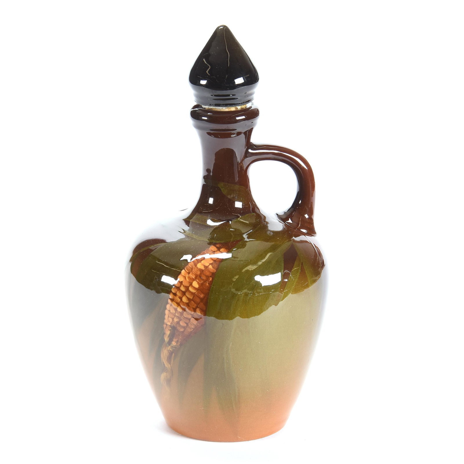 Rookwood Art Pottery Whiskey Jug Dated 1900: Rookwood Art Pottery Whiskey Jug Dated 1900, 9.5", #673, Artist Signed "CS" (Carrie Steinle), Brown and Green Glaze with Corn Decor, Original Stopper, from the estate of Ronald W. Prielipp PHD, Salina