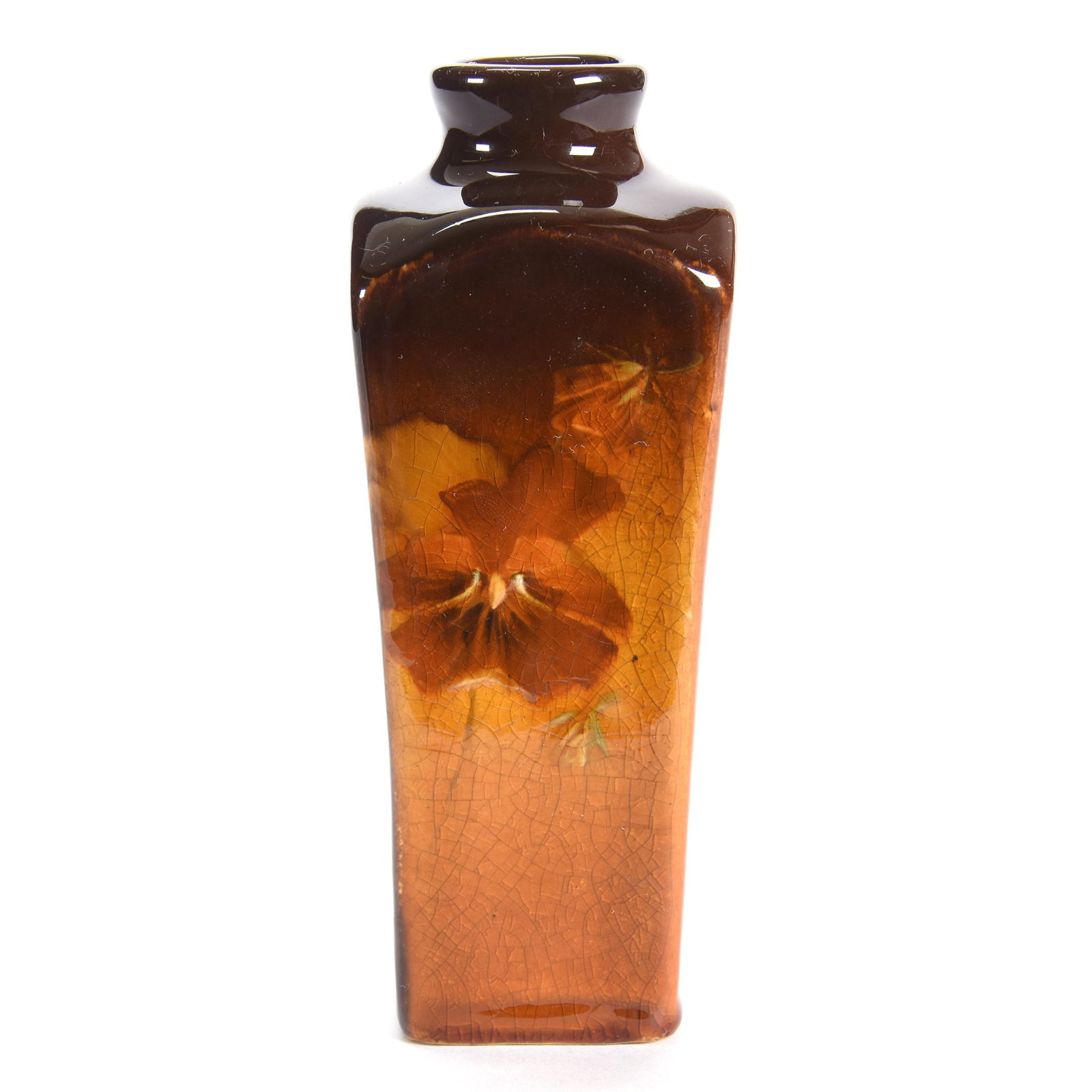 Art Pottery Vase, Square, Unknown Maker: Art Pottery Vase, Square, Unknown Maker, 5.75" x 2.25", #112, Brown Glaze with Pansy Decor, from the estate of Ronald W. Prielipp PHD, Salina, KS. Ron was a professor of mathematics at Bethany College