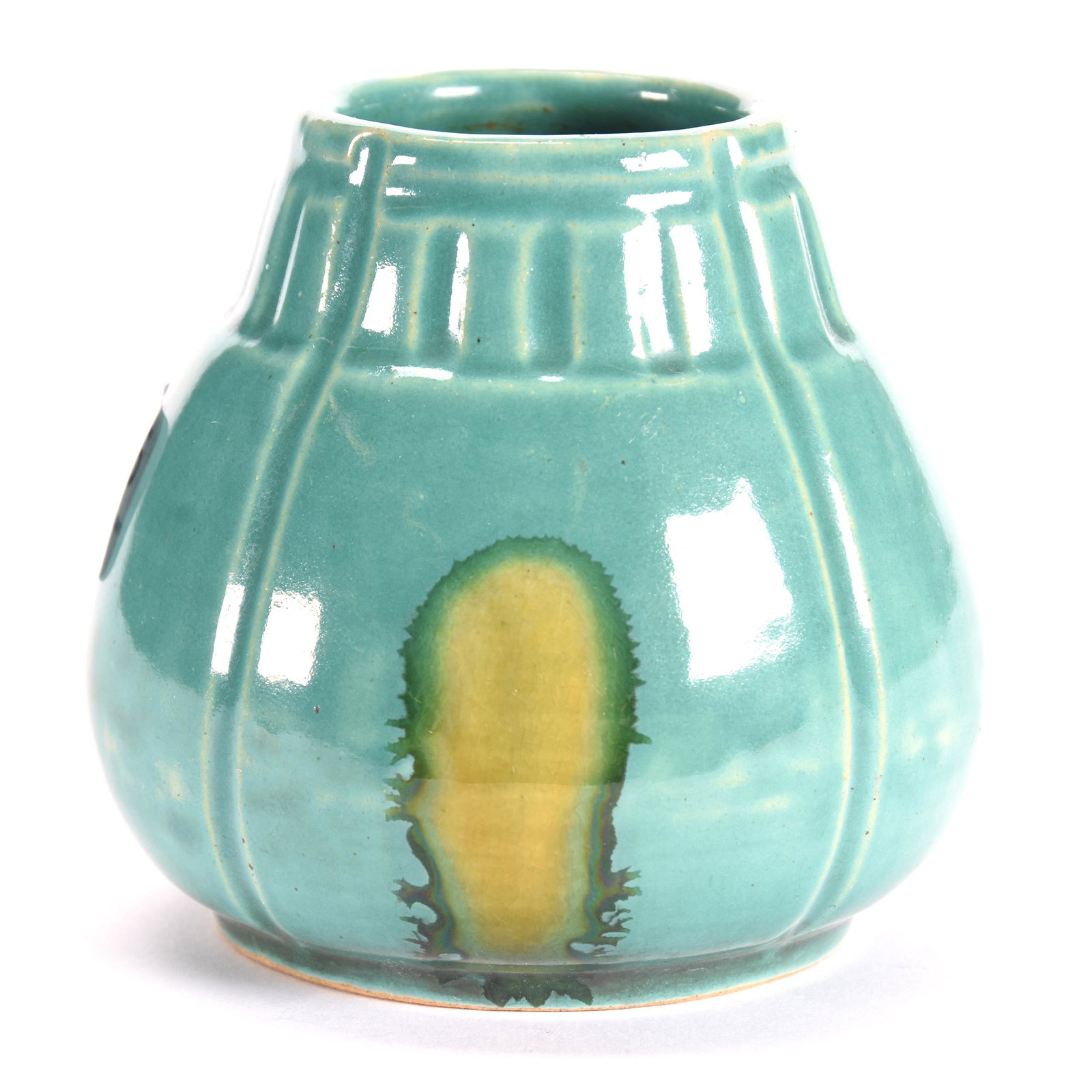 Newcomb College Art Pottery Vase: Newcomb College Art Pottery Vase, 3.25" x 3.5", #050, Green Glaze Finish, from the estate of Ronald W. Prielipp PHD, Salina, KS. Ron was a professor of mathematics at Bethany College, Lindsborg, KS. R