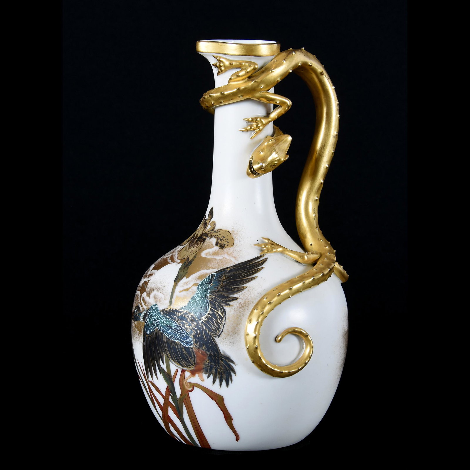 Ewer Marked Royal Worcester, Dragon Handle: Ewer Marked Royal Worcester, Dragon Handle, 9", Beautiful Multi-Color Duck Decor, Strong Gold, Excellent Quality, from the estate of Ronald W. Prielipp PHD, Salina, KS. Ron was a professor of mathemat