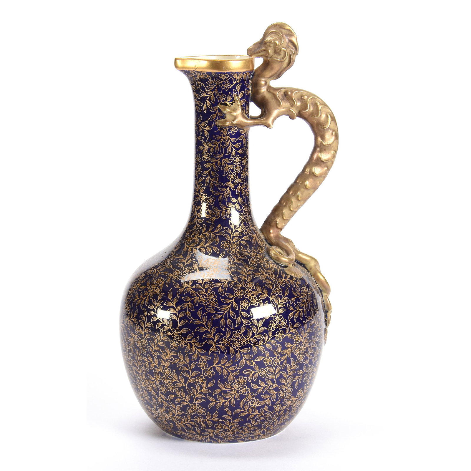 Ewer Marked Royal Worcester, Dragon Handle: Ewer Marked Royal Worcester, Dragon Handle, 9.5", Cobalt Blue with Extensive Gold Stencil Floral Decor, from the estate of Ronald W. Prielipp PHD, Salina, KS. Ron was a professor of mathematics at Bet