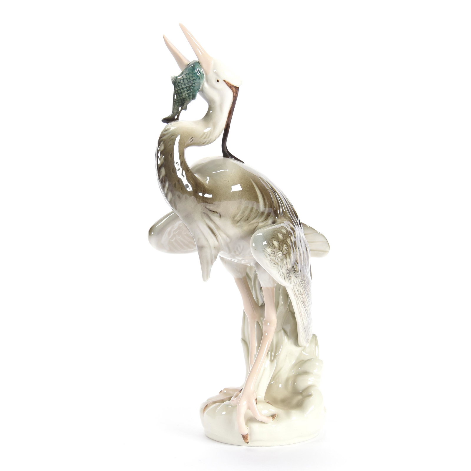 Figure Marked Royal Dux #307, Heron Eating Fish: Figure Marked Royal Dux #307, Heron Eating Fish, 10.75", from the estate of Ronald W. Prielipp PHD, Salina, KS. Ron was a professor of mathematics at Bethany College, Lindsborg, KS. Ron and his wife, 