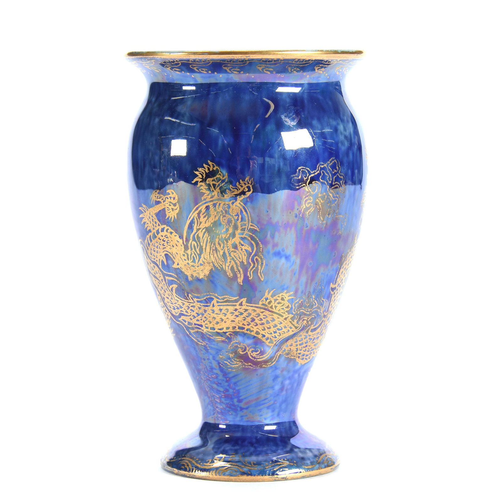 Vase Marked Wedgwood Dragon Lustre: Vase Marked Wedgwood Dragon Lustre, 4.25" x 2.5", Nice Gold Stencil Highlights, Blue Exterior, Green Interior, from the estate of Ronald W. Prielipp PHD, Salina, KS. Ron was a professor of mathematics