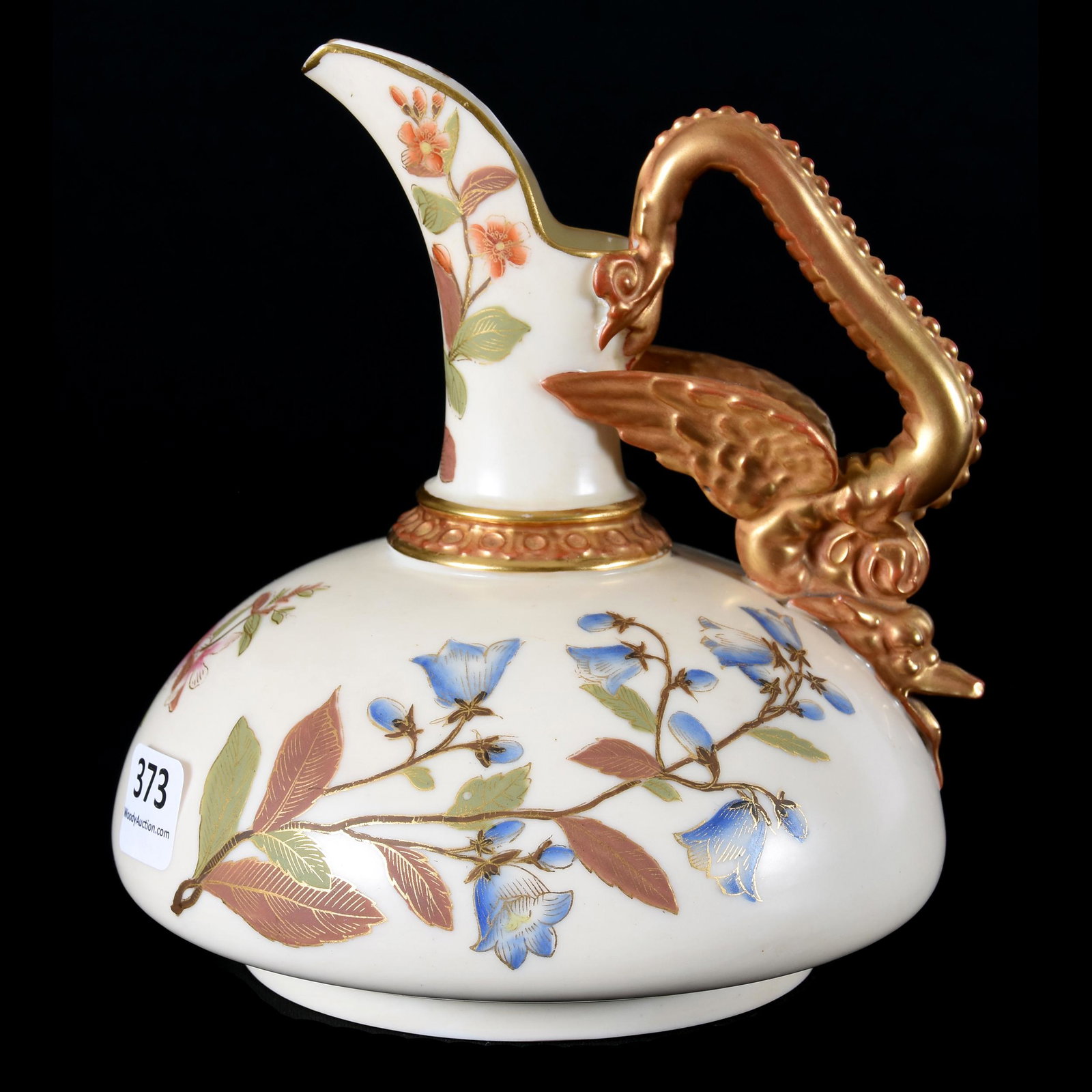 Ewer Marked Royal Worcester #1048, Dragon Handle: Ewer Marked Royal Worcester #1048, Dragon Handle, 6" x 5.25", also Marked Patent Metallic, Nice Floral Decor with Gold Trim Highlights, from the estate of Ronald W. Prielipp PHD, Salina, KS. Ron was a