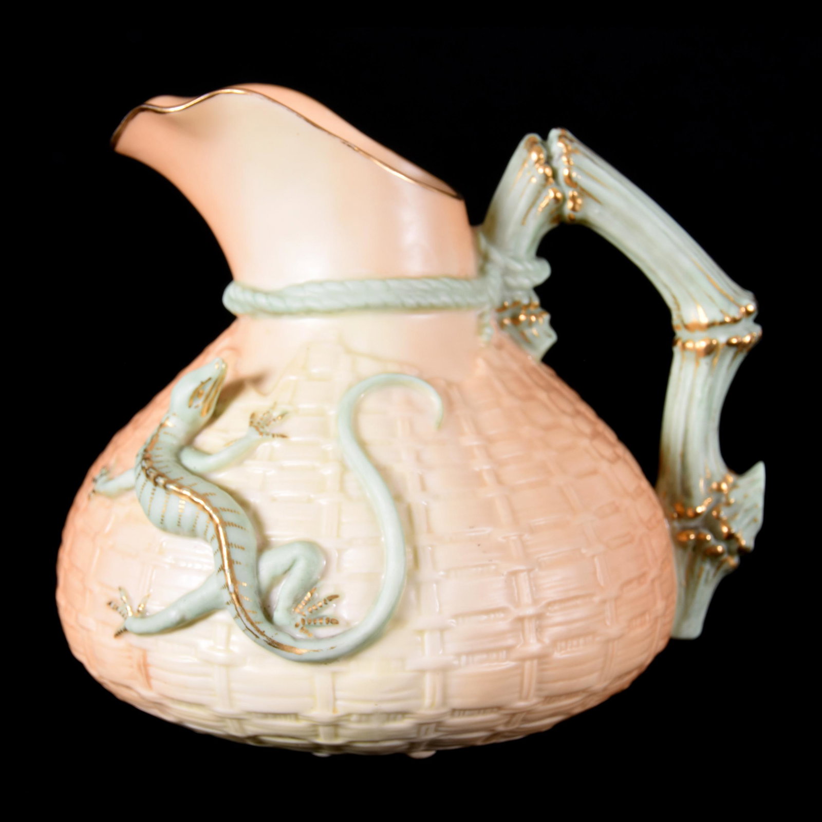 Ewer Marked Royal Worcester #1718, Salamander: Ewer Marked Royal Worcester #1718, Salamander, 6" x 6", Basketweave with Salamander, Cream with Green Tones and Gold Highlights, from the estate of Ronald W. Prielipp PHD, Salina, KS. Ron was a profes