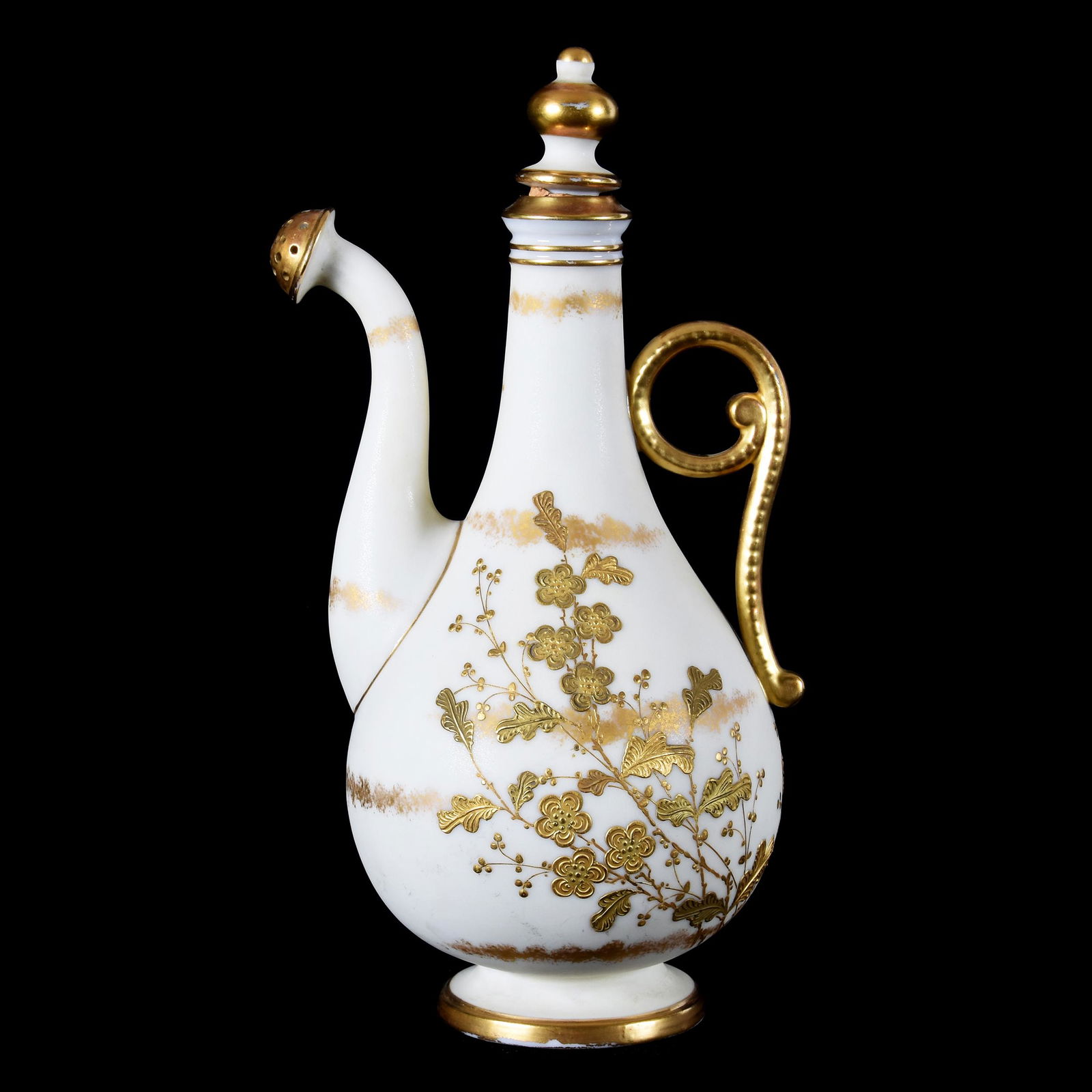 Rare Pot Marked Ott & Brewer, Early American Belleek: Rare Pot Marked Ott & Brewer, Early American Belleek, 8.5" x 4.5", Pot in Shape of Sprinkler Can, Cream Tones with Gold Enamel Decor, Beautiful Form, Rare Mark, Circa 1880's, from the estate of Ronald