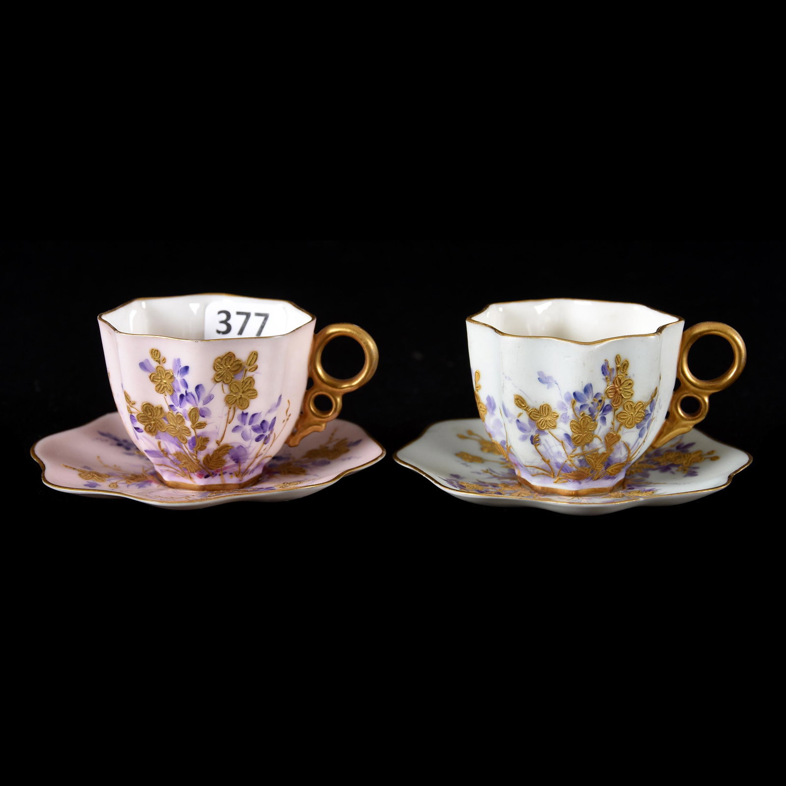 (2) CAC Demitasse Cups & Saucers, American Belleek: (2) CAC Demitasse Cups & Saucers, American Belleek, Ceramic Arts Company, (1) Pink with Violet Decor, (1) Blue with Violet Decor, Both have Strong Gold Highlights, Both have "W" Monogram, from the est