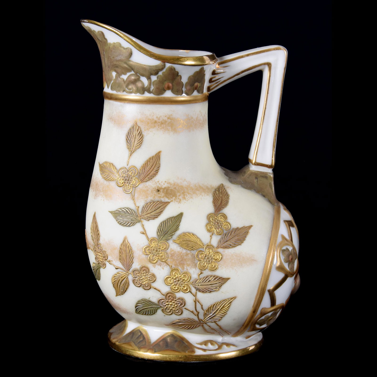 Pitcher Marked Ott & Brewer, Early American Belleek: Pitcher Marked Ott & Brewer, Early American Belleek, 6.25" x 4", Unique Form, Nice Gold Enamel Floral Decor, Circa 1880's, Hairline, from the estate of Ronald W. Prielipp PHD, Salina, KS. Ron was a pr
