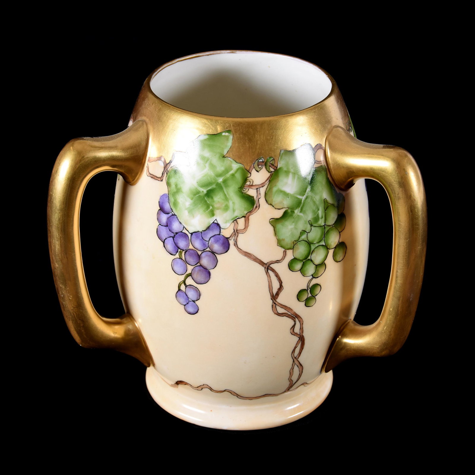 Loving Cup Marked CAC American Belleek: Loving Cup Marked CAC American Belleek, 7" x 6.5", Ceramic Arts Company, Three Handles, Grape and Vine Decor, Strong Gold Trim, Artist Signed "Eads", Circa 1890's, from the estate of Ronald W. Prielip