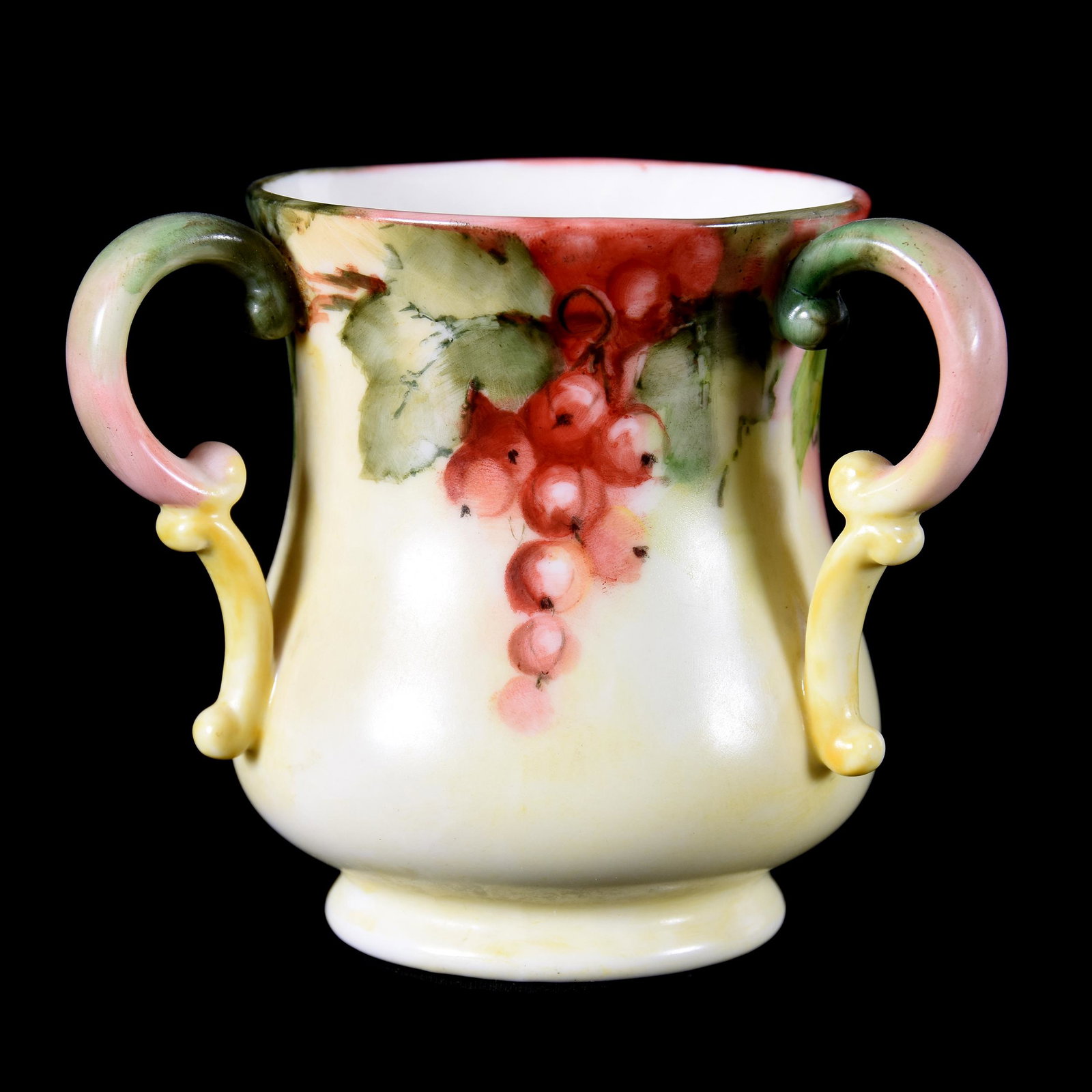 Loving Cup Marked CAC American Belleek: Loving Cup Marked CAC American Belleek, Ceramic Arts Company, 3.5" x 4", Three Handles, Berry and Leaf Decor, Yellow, Green and Pink Tones, Circa 1890's, from the estate of Ronald W. Prielipp PHD, Sal