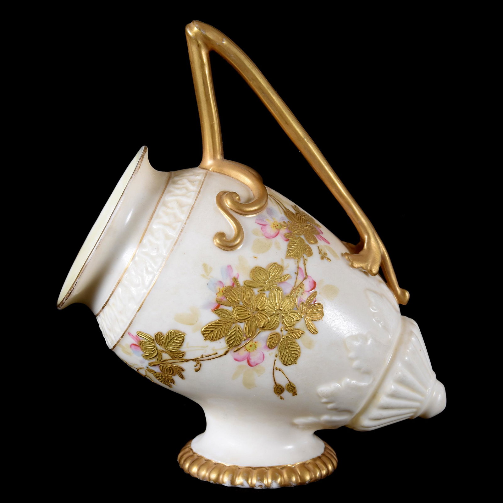 Handled Slanted Vase, CAC American Belleek: Handled Slanted Vase, CAC American Belleek, 6.25" x 5.5", Ceramic Arts Company, Cream Tones with Colorful Floral and Gold Enamel Decor, Circa 1890's, from the estate of Ronald W. Prielipp PHD, Salina,