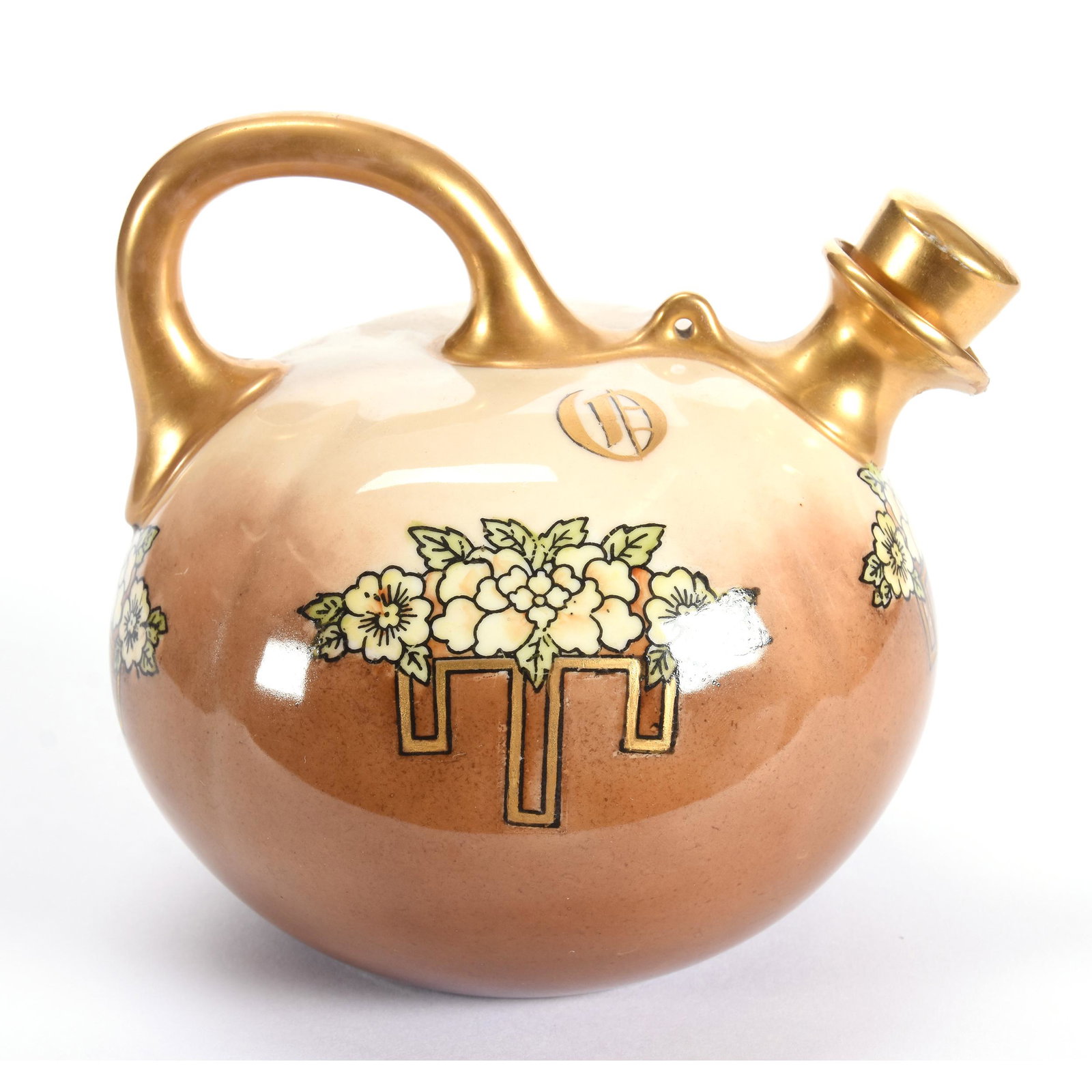 Rum Jug Marked CAC American Belleek, Ca. 1890's: Rum Jug Marked CAC American Belleek, Circa 1890's, 5.5" x 6", Ceramic Arts Company, Brown Tones with Yellow Floral Decor, Monogram, Gold Trim Highlights, from the estate of Ronald W. Prielipp PHD, Sal