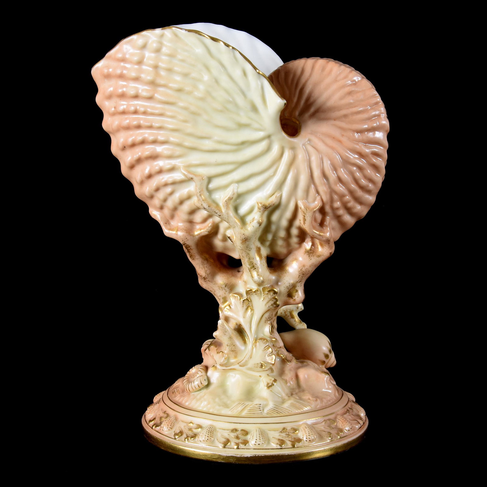 Nautilus Shell Vase Marked Royal Worcester #4/94: Nautilus Shell Vase Marked Royal Worcester #4/94, 8.5" x 6", Cream Tones with Gold Trim Highlights, from the estate of Ronald W. Prielipp PHD, Salina, KS. Ron was a professor of mathematics at Bethany