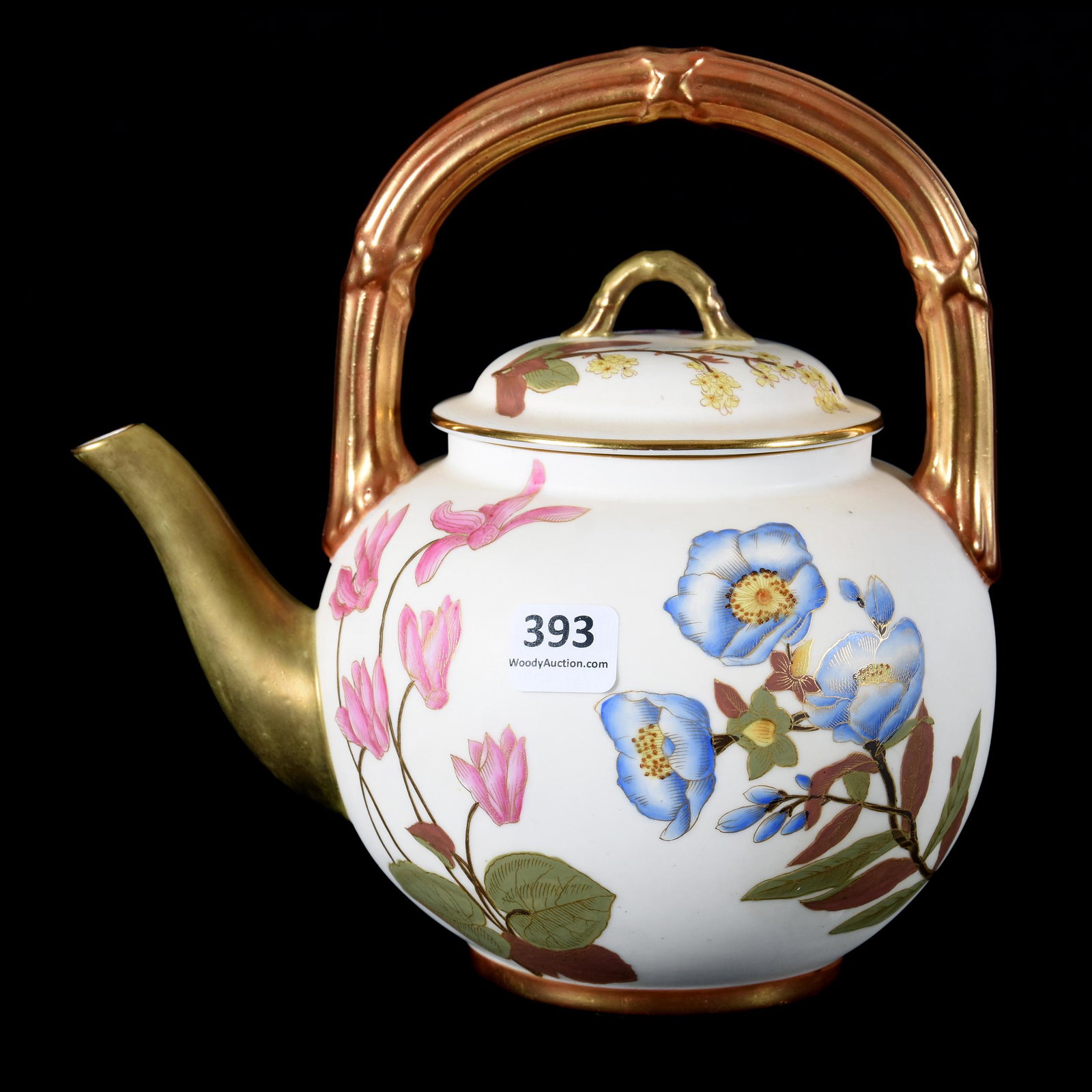 Teapot Marked Royal Worcester: Teapot Marked Royal Worcester, 7.5" x 7.75", Cream Background with Colorful Floral Decor, Bamboo Handle, also Marked "Patent Metallic", from the estate of Ronald W. Prielipp PHD, Salina, KS. Ron was a