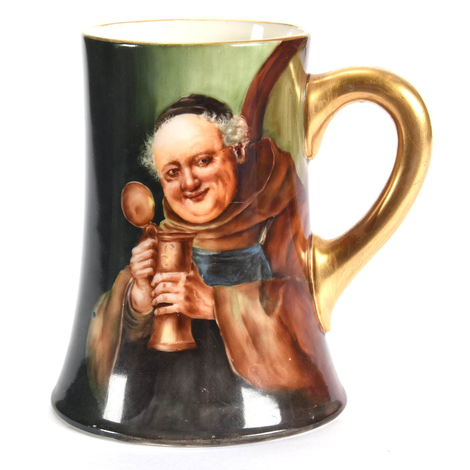 Stein Marked CAC American Belleek: Stein Marked CAC American Belleek, 5.25" x 5", Ceramic Arts Company, Second Mark of ER & Crown, Hand Painted Monk Decor, Green and Brown Background, Gold Handle, from the estate of Ronald W. Prielipp 