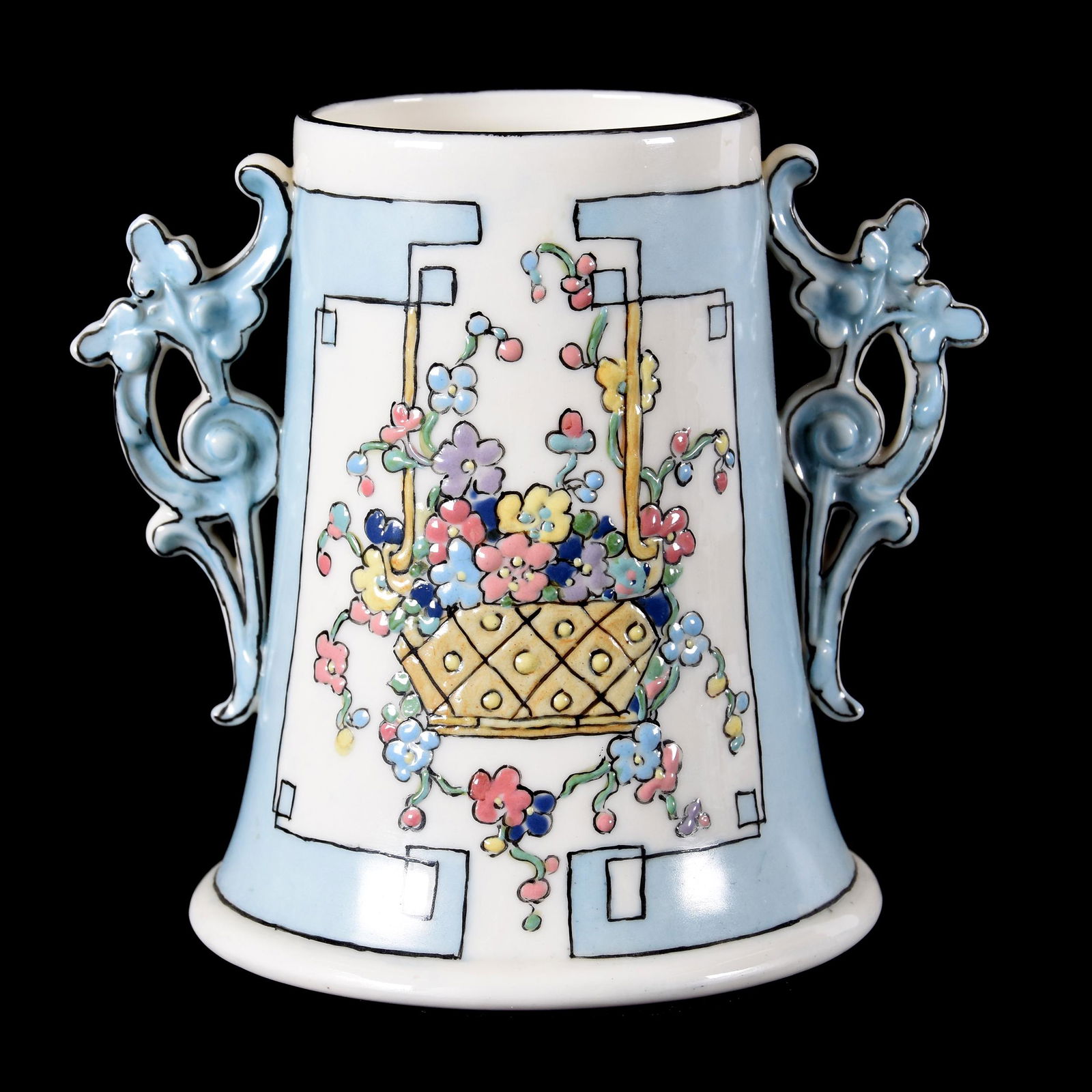 Vase Marked CAC American Belleek, Ca. 1890: Vase Marked CAC American Belleek, Circa 1890, 4.75" x 5", Ceramic Arts Company, Blue and White with Colorful Floral Basket Decor, Pierced Handles, Artist Signed CM Harrison, from the estate of Ronald