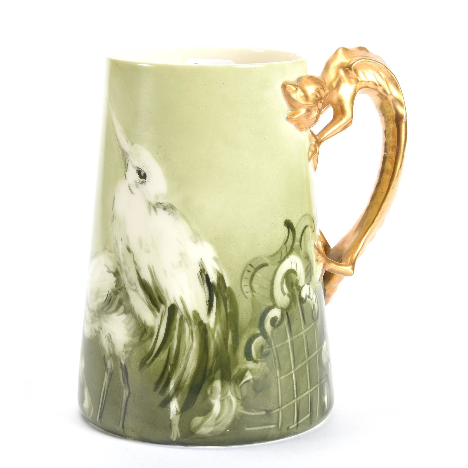 Stein Marked Lenox American Belleek: Stein Marked Lenox American Belleek, 6" x 5", Green and White Stork Decor, Gold Figural Dragon Handle, from the estate of Ronald W. Prielipp PHD, Salina, KS. Ron was a professor of mathematics at Beth