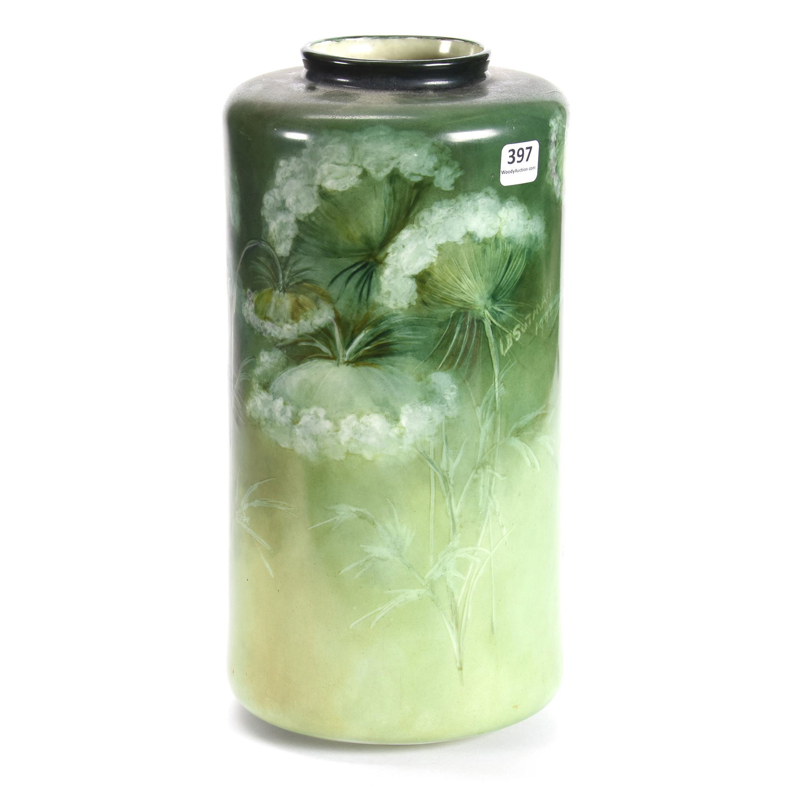 Vase Marked CAC American Belleek, Ca. 1890: Vase Marked CAC American Belleek, Circa 1890, 12" x 6", Ceramic Arts Company, Green Tones with White Blossom Decor, Artist Signed Supman Dated 1908, from the estate of Ronald W. Prielipp PHD, Salina, 