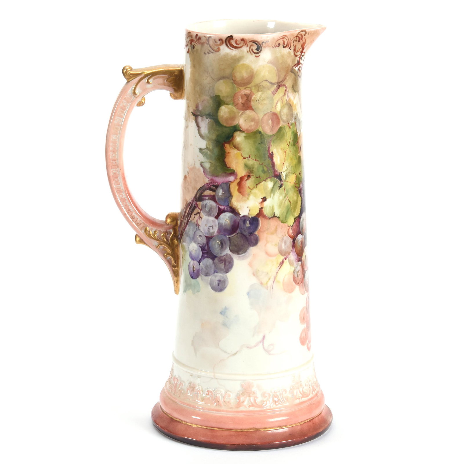 Tankard Marked CAC American Belleek, Ca. 1890's: Tankard Marked CAC American Belleek, Circa 1890's, 14.5" x 7.5", Ceramic Arts Company, Pink and White Tones with Vintage Motif, from the estate of Ronald W. Prielipp PHD, Salina, KS. Ron was a profess