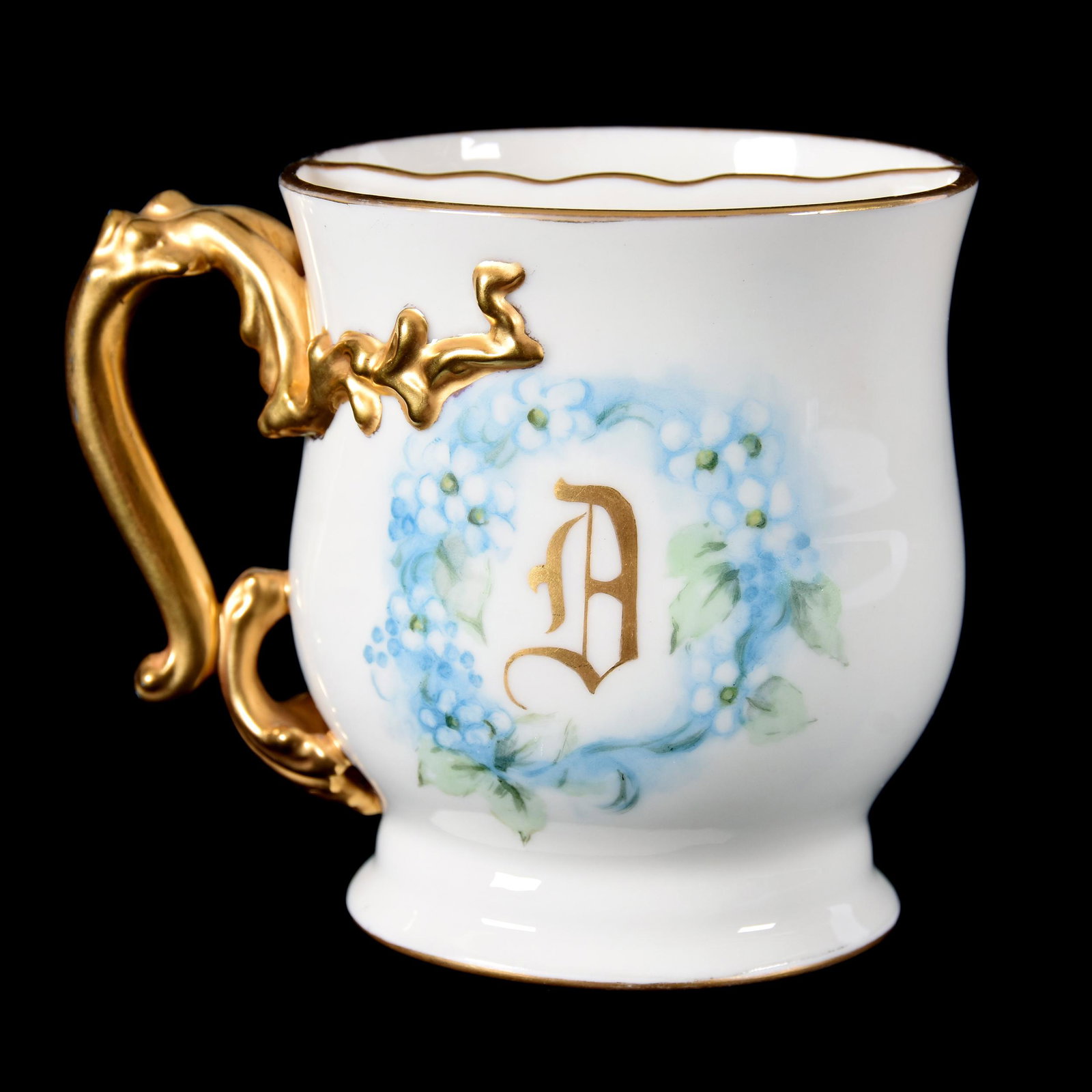 Shaving Mug Marked CAC American Belleek: Shaving Mug Marked CAC American Belleek, 4" x 4.75", Ceramic Arts Company, White with Blue Floral Wreath and Monogram "B", Elaborate Gold Handle, from the estate of Ronald W. Prielipp PHD, Salina, KS.