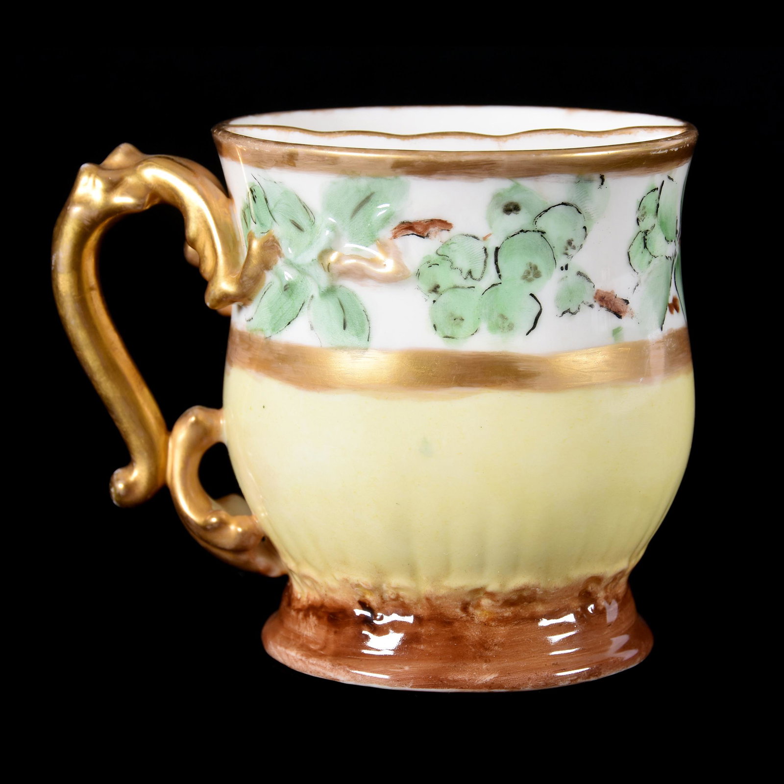 Shaving Mug Marked CAC American Belleek: Shaving Mug Marked CAC American Belleek, 4" x 4.75", Ceramic Arts Company, Yellow and Brown with Berry and Vine Decor, Elaborate Gold Handle, from the estate of Ronald W. Prielipp PHD, Salina, KS. Ron