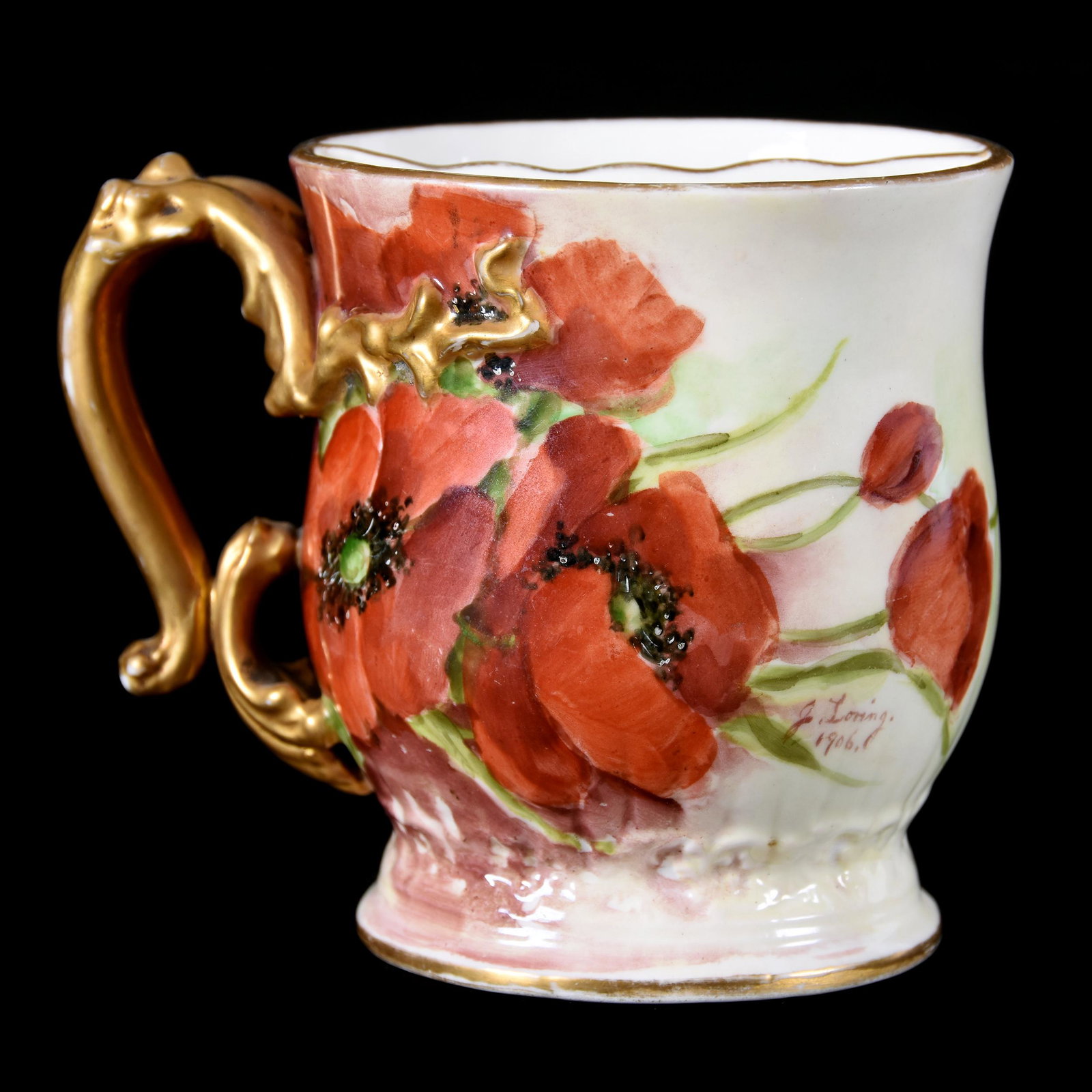 Shaving Mug Marked CAC American Belleek: Shaving Mug Marked CAC American Belleek, 4" x 4.75", Ceramic Arts Company, Red Poppy Decor, Artist Signed and Dated 1906, Elaborate Gold Handle, from the estate of Ronald W. Prielipp PHD, Salina, KS. 