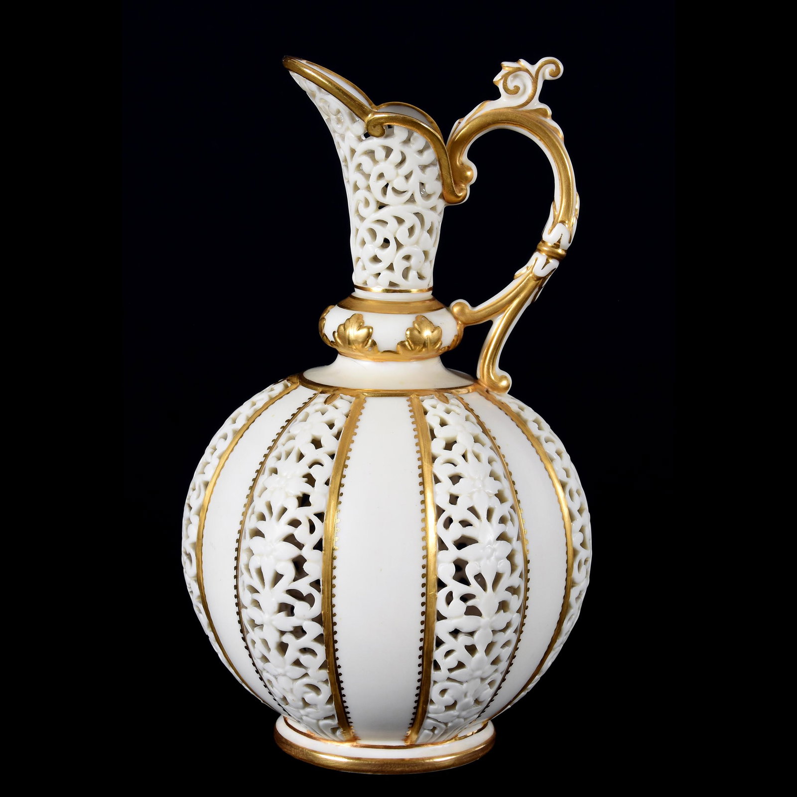 Reticulated Ewer Marked Royal China Works Worcester: Reticulated Ewer Marked Royal China Works Worcester, 8", Cream with Strong Gold Trim, Very Delicate Piece, from the estate of Ronald W. Prielipp PHD, Salina, KS. Ron was a professor of mathematics at 